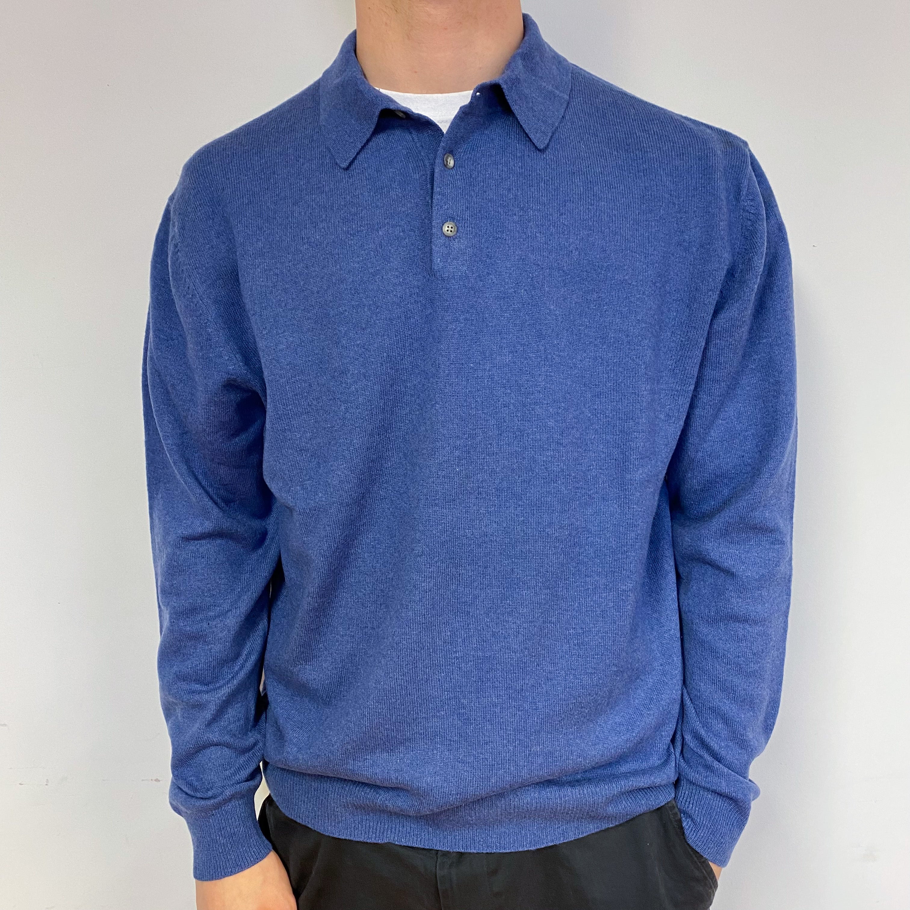 Men's Naval Blue Cashmere 1/4 Button Jumper Medium