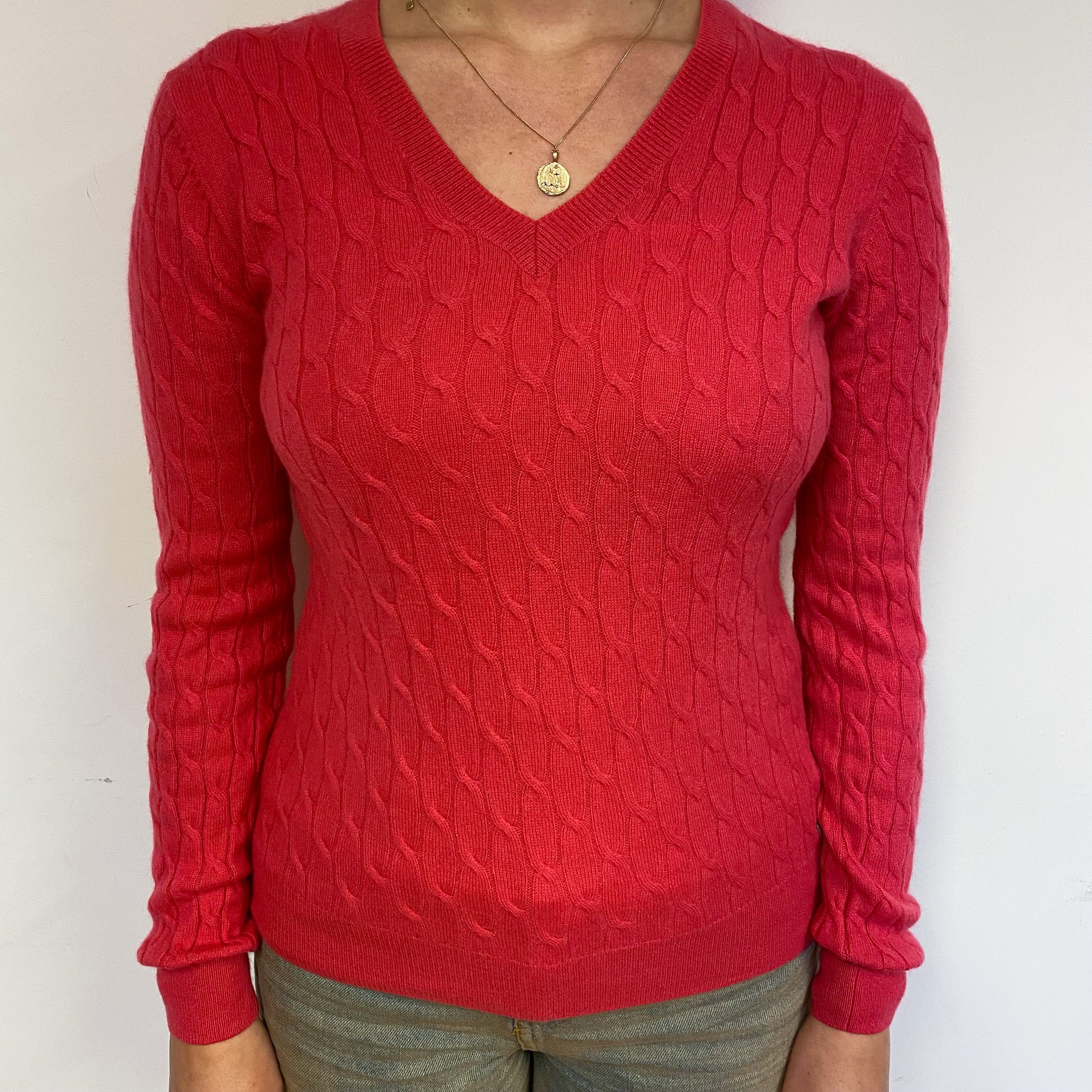Strawberry Red Cable Cashmere V-Neck Jumper Small