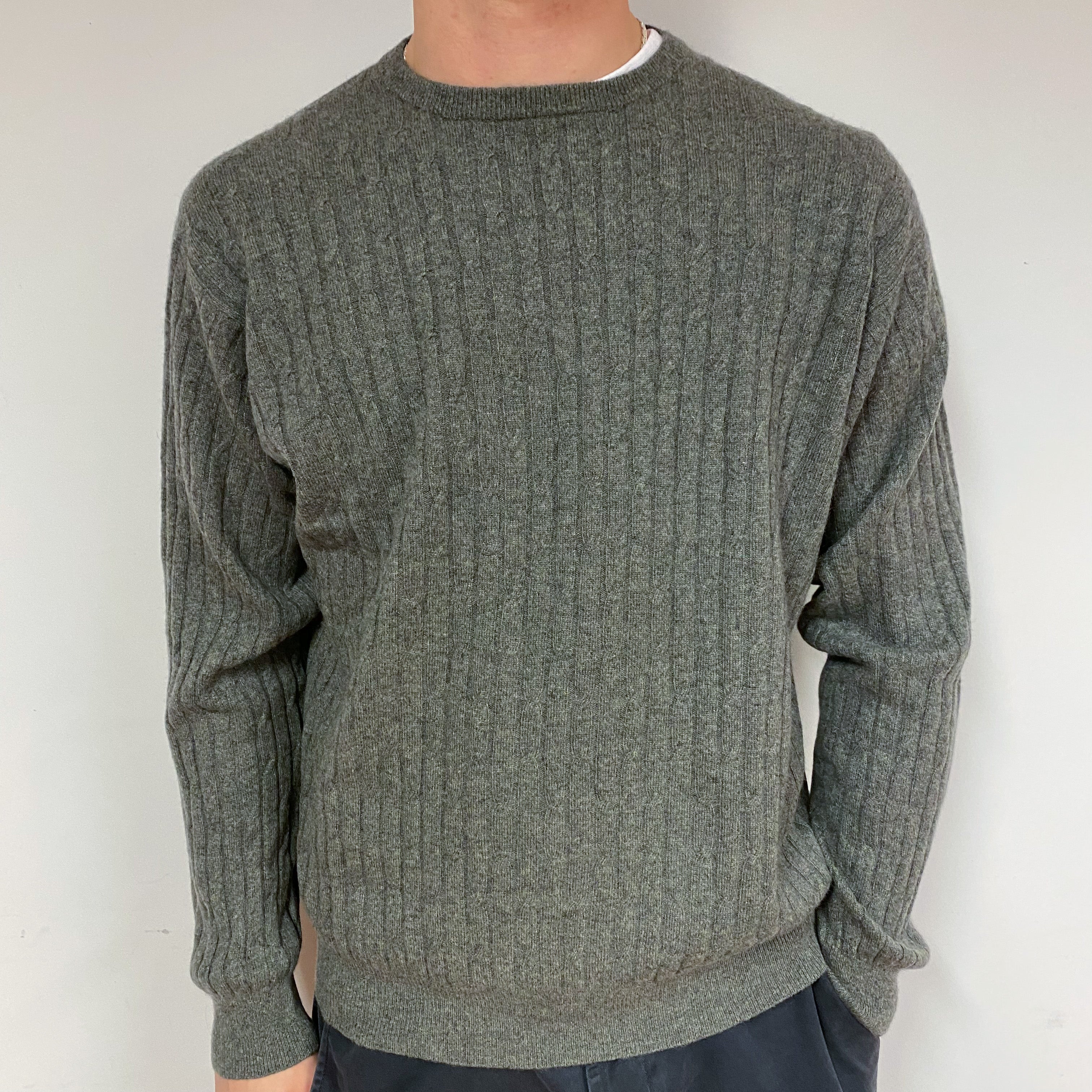 Men's Muted Khaki Cashmere Crew Neck Jumper Large