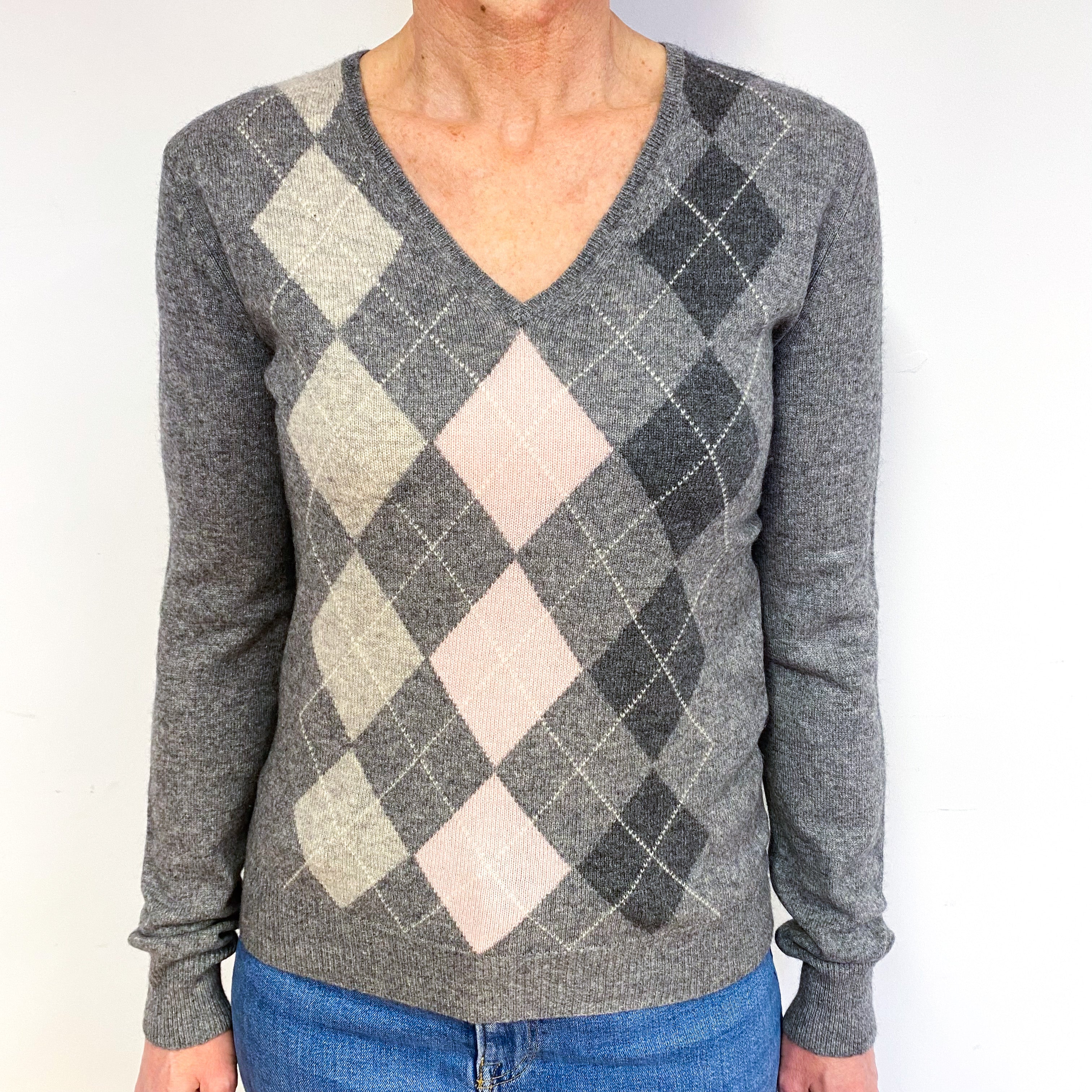 Steel Grey Pink Argyle Cashmere V-Neck Jumper Medium