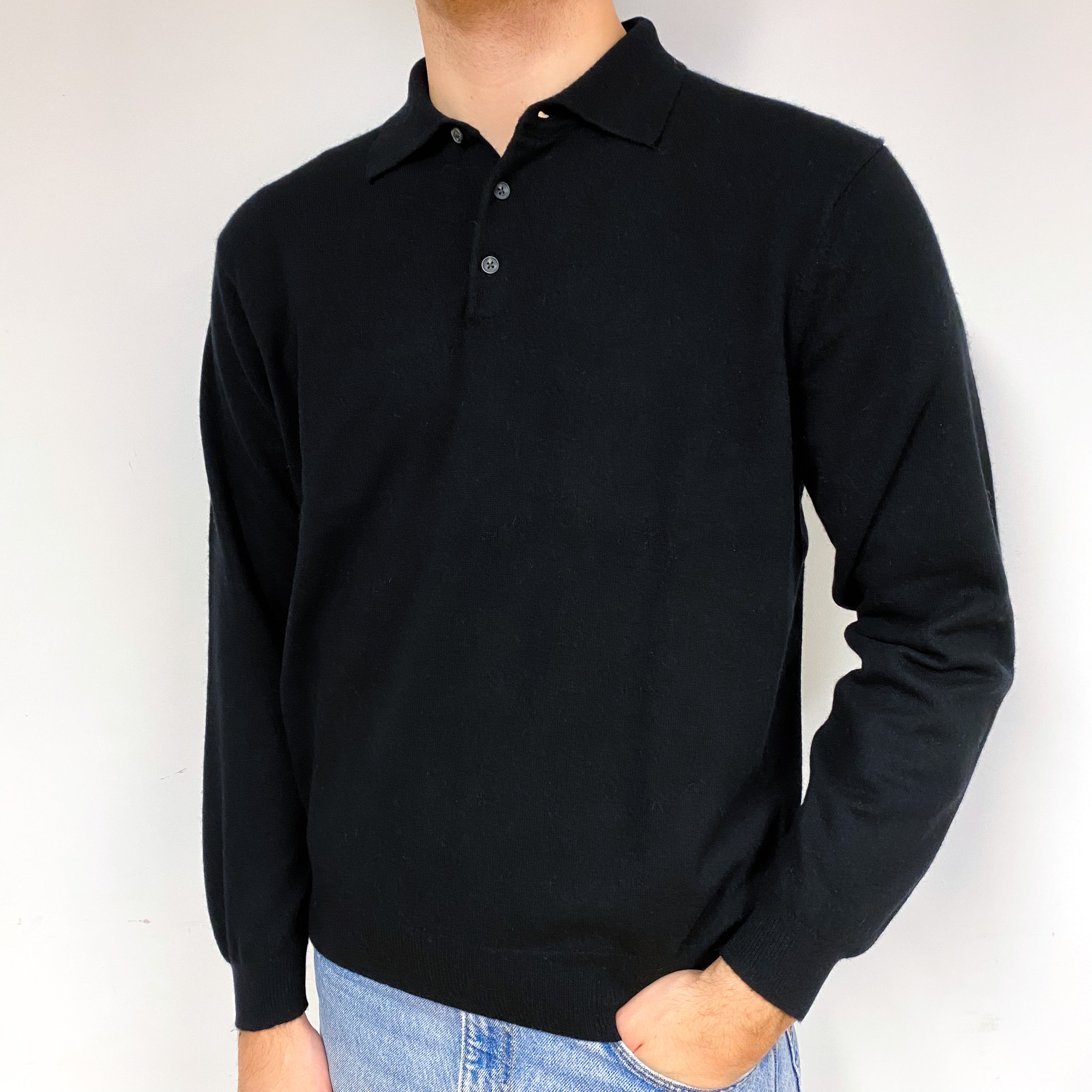Men's Black Cashmere 1/4 Button Jumper Large
