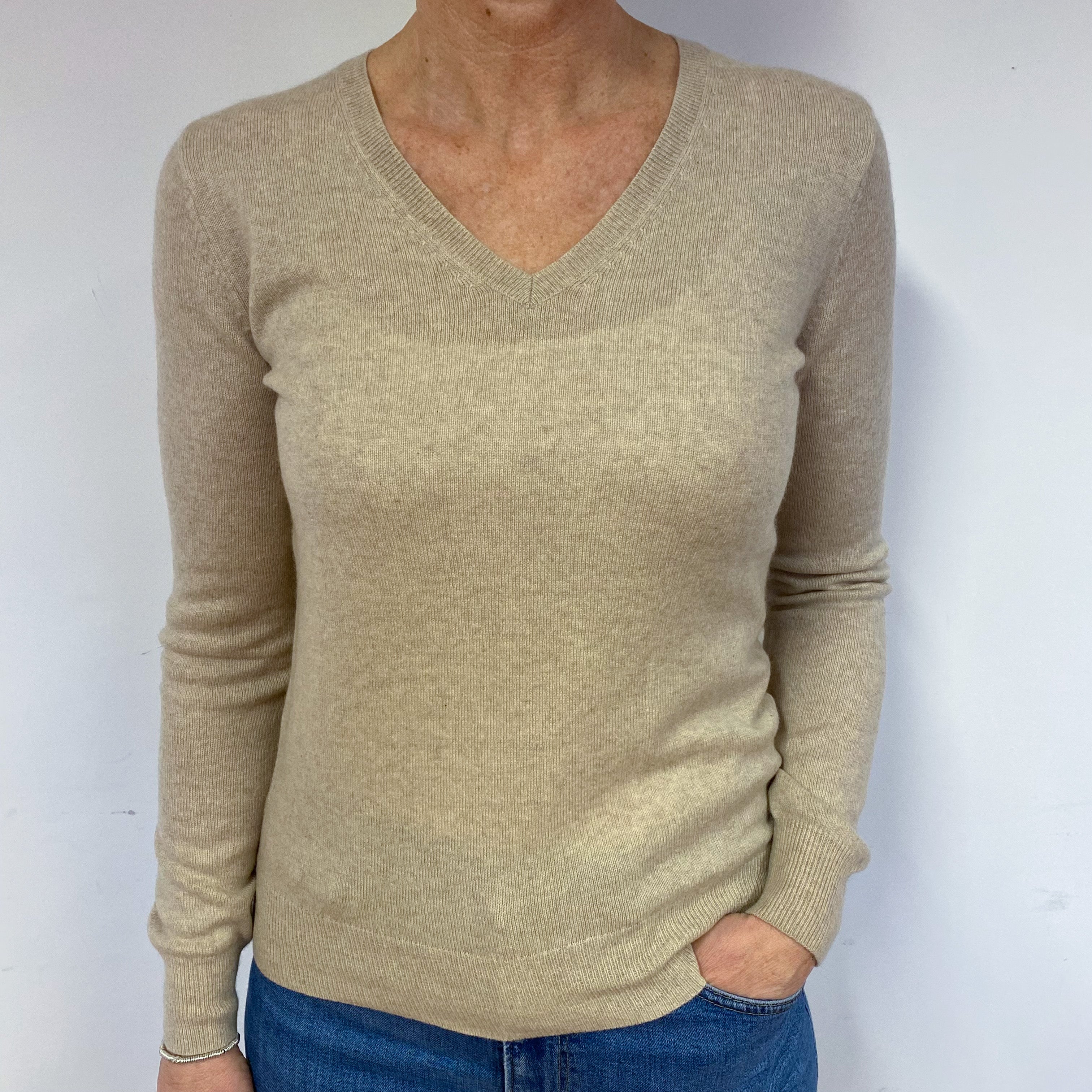 Oatmeal Beige Cashmere V-Neck Jumper Medium