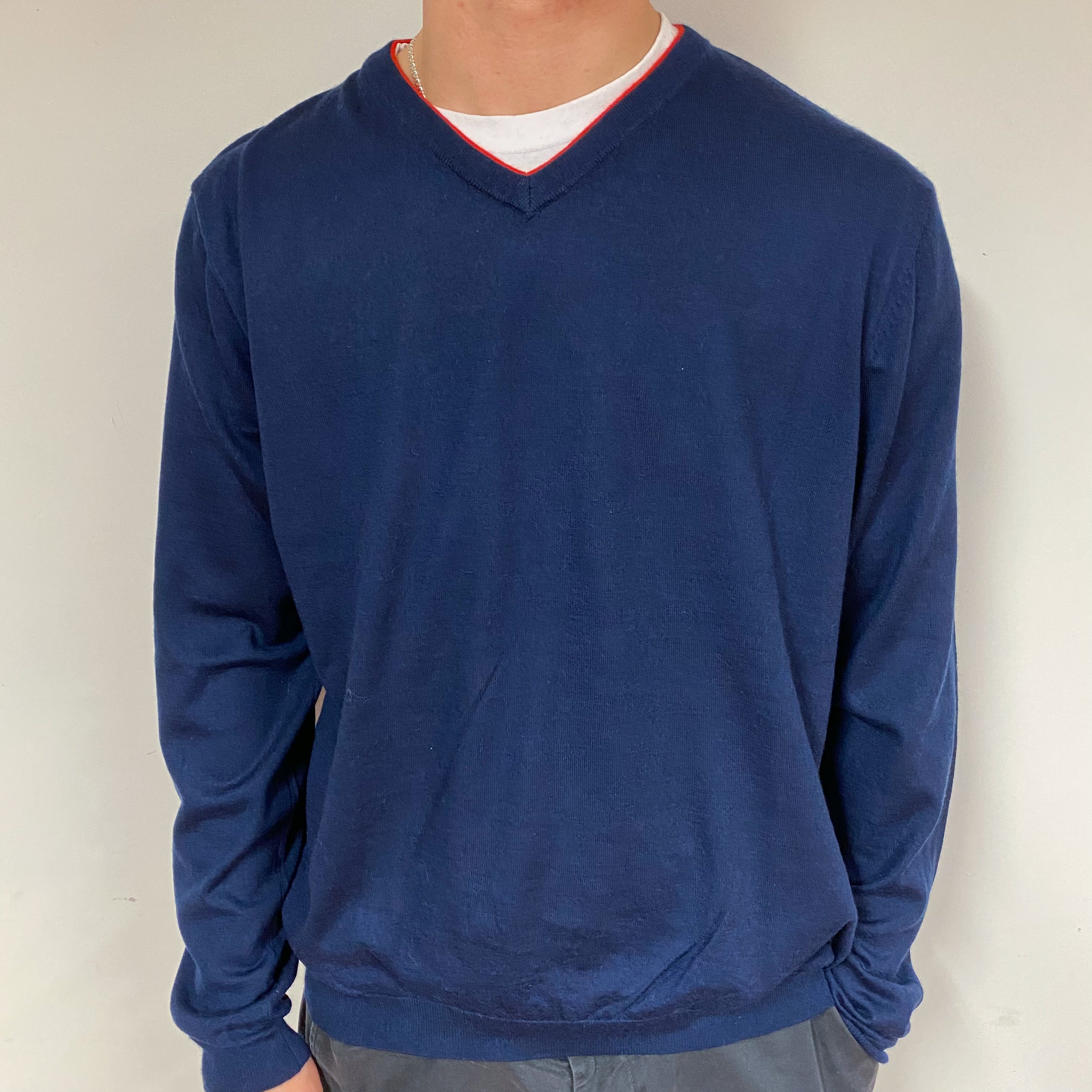 Men's Navy Blue Cashmere V-Neck Jumper Large