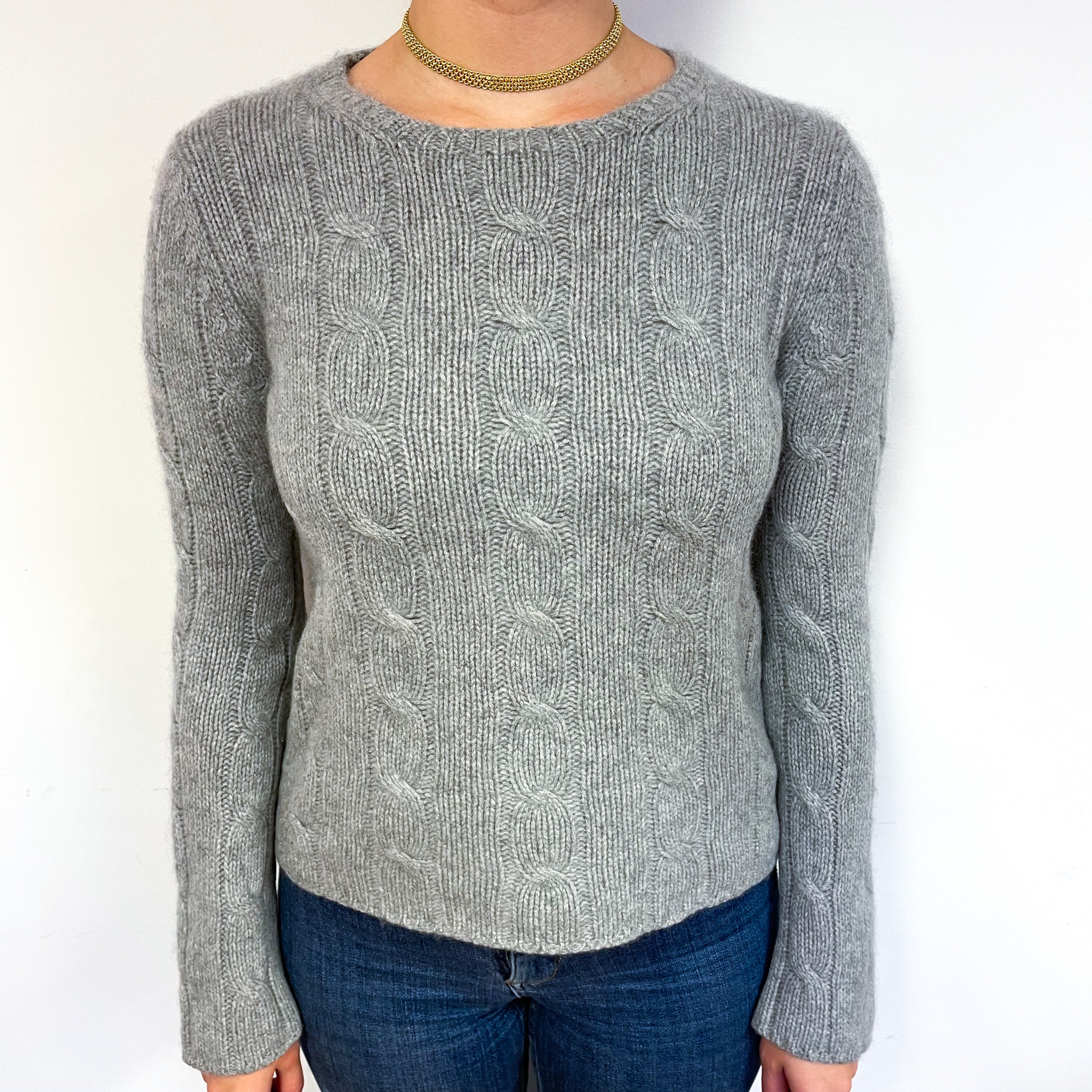 Steel Grey Cable Cashmere Crew Neck Jumper Small