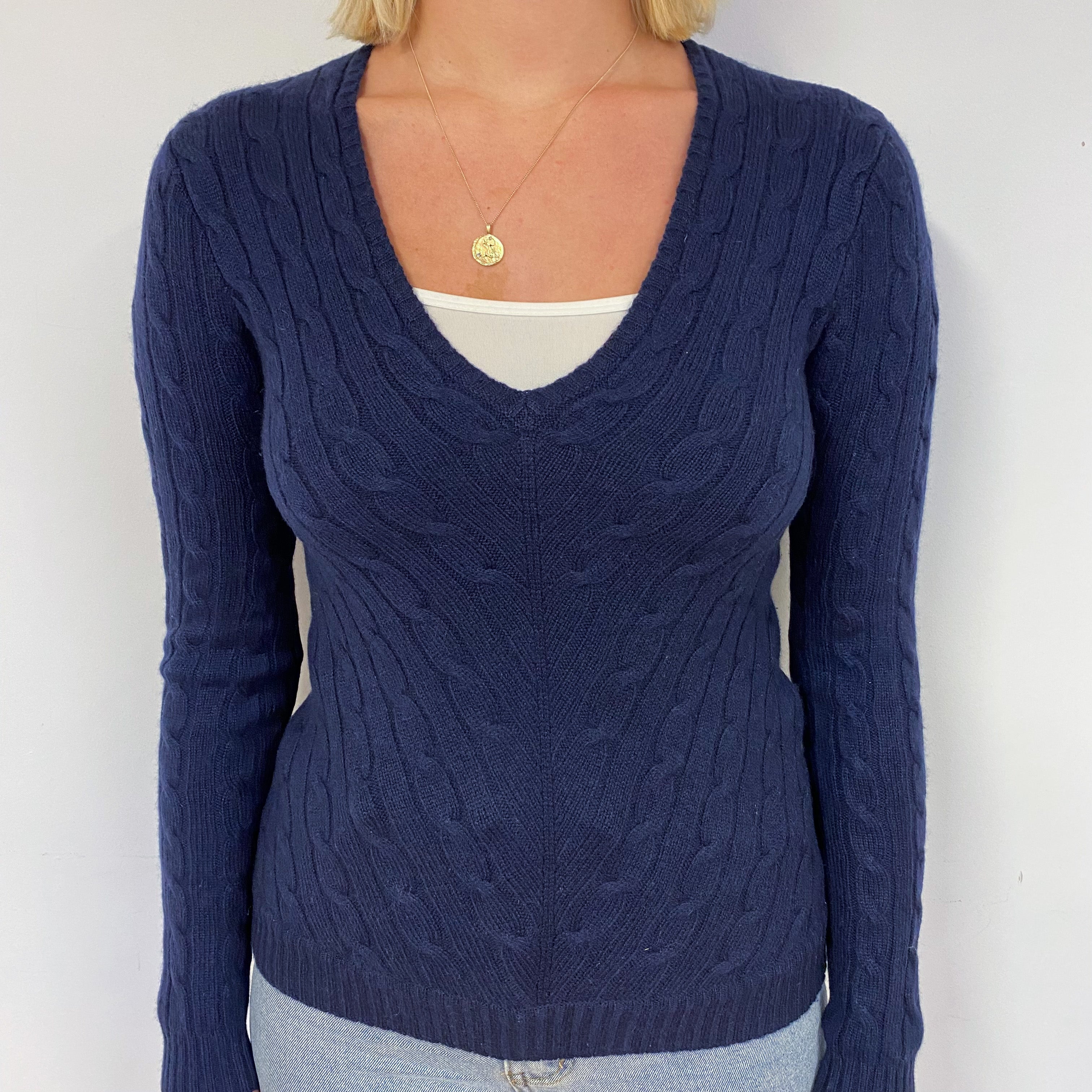 Ralph Lauren Navy Cable Cashmere V-Neck Jumper Small