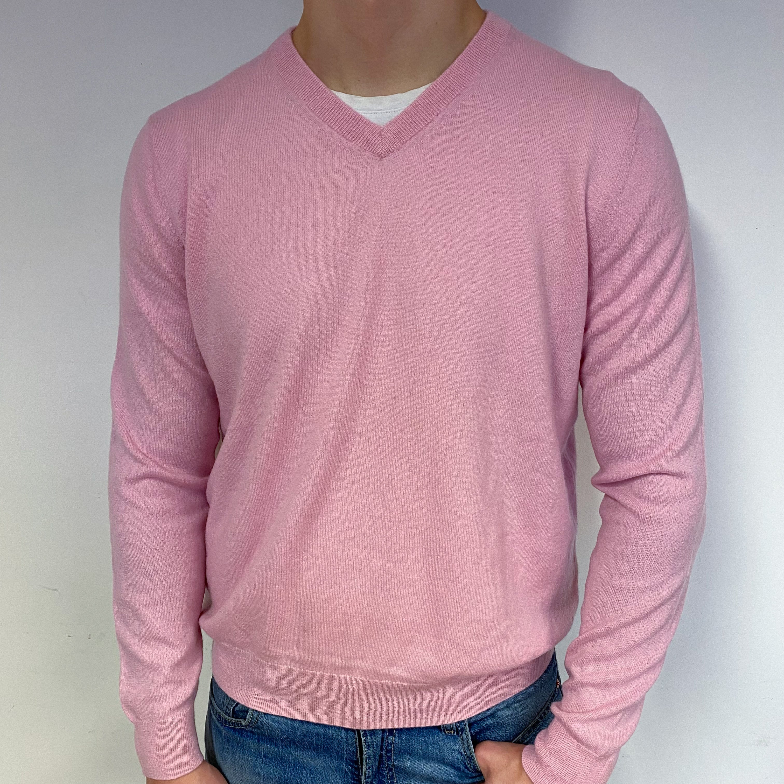 Men's Carnation Pink Cashmere V-Neck Jumper Extra Large
