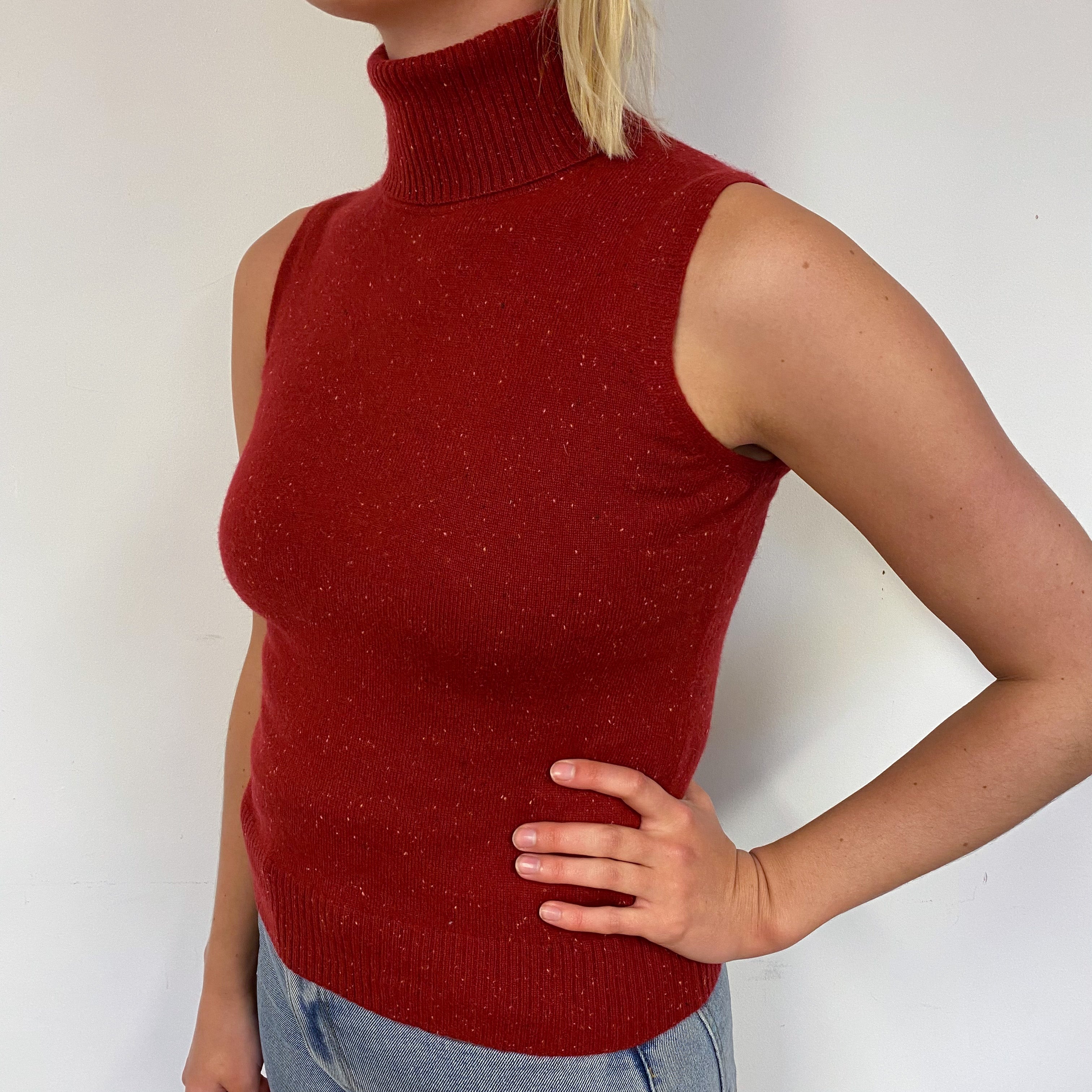 Red Cashmere Sleeveless Polo Neck Jumper Small