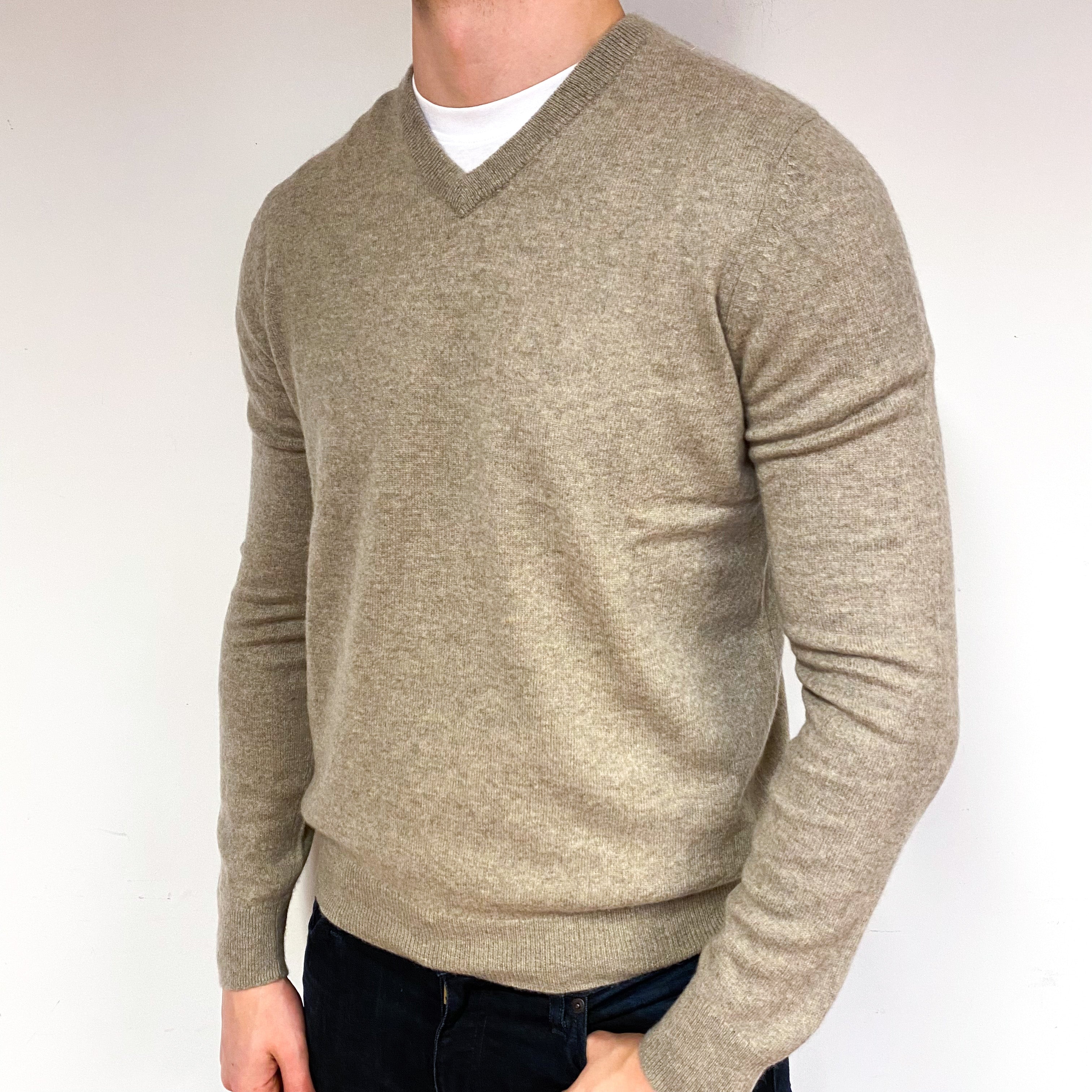 Men's Fawn Beige Cashmere V-Neck Jumper Extra Large