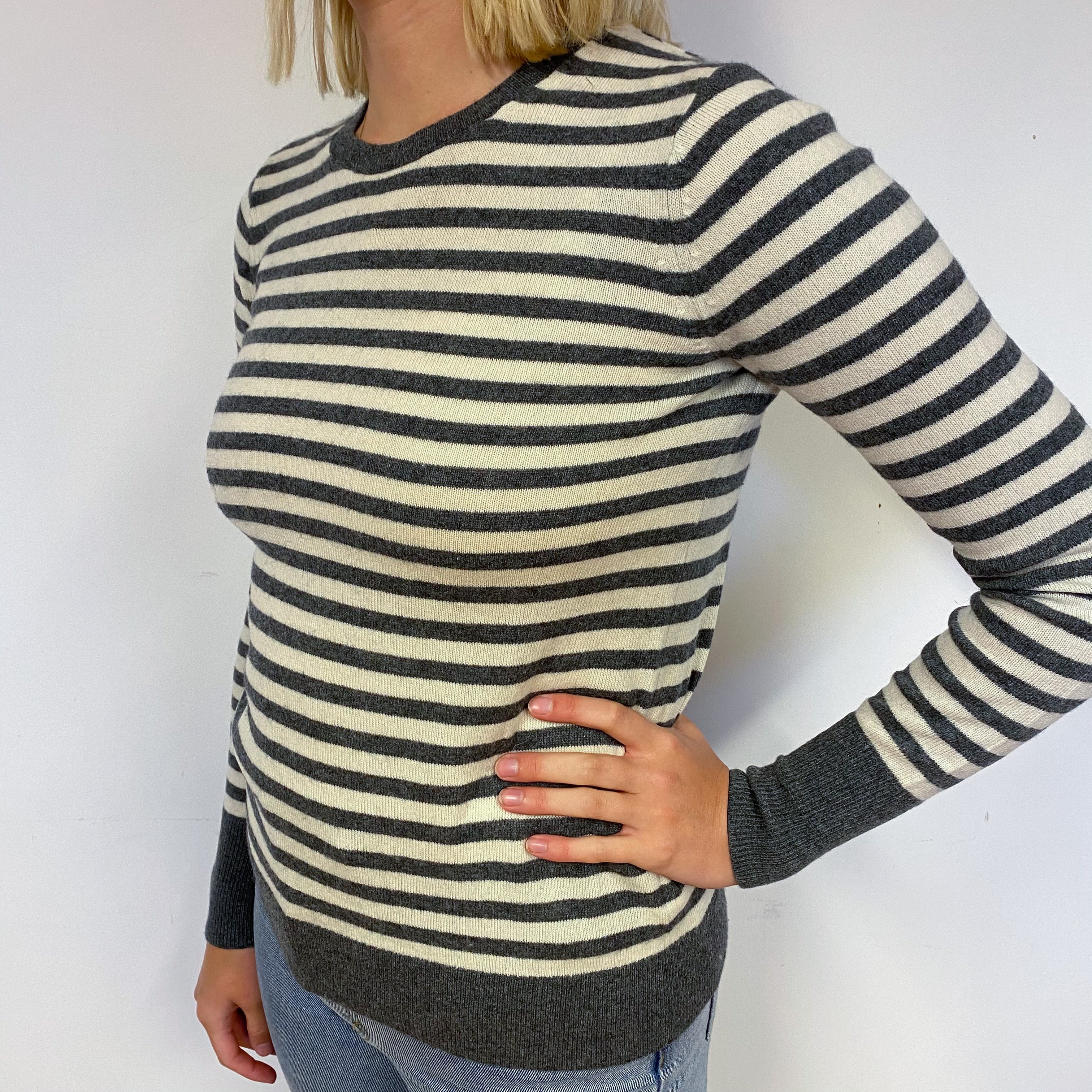 Grey Cream Stripe Cashmere Crew Neck Jumper Small