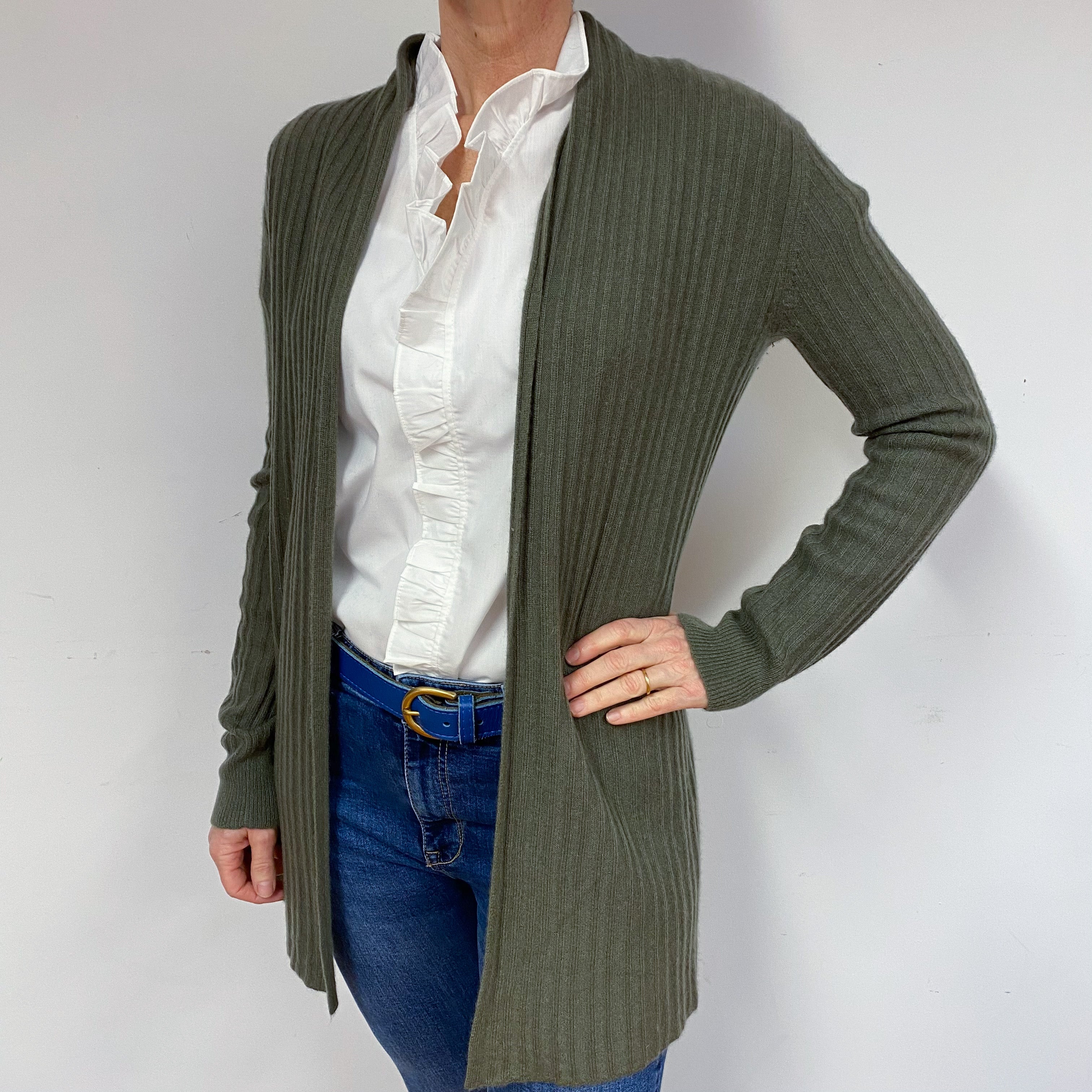 Khaki Green Edge to Edge Cashmere Cardigan Medium
