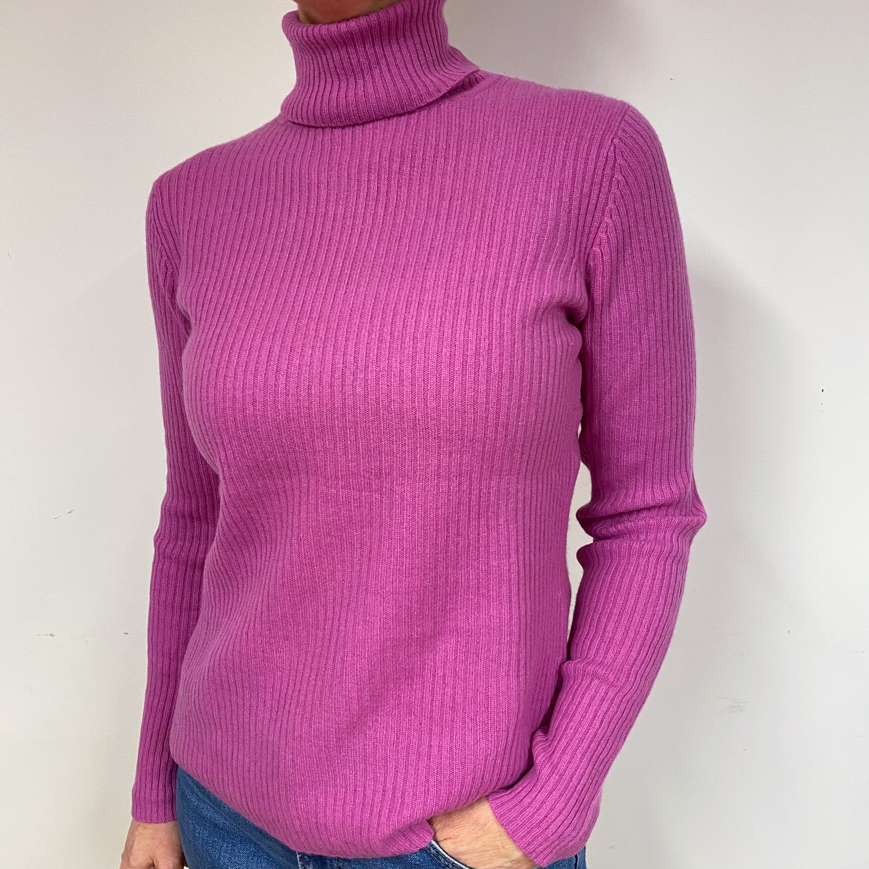 Loganberry Pink Ribbed Cashmere Polo Neck Jumper Medium