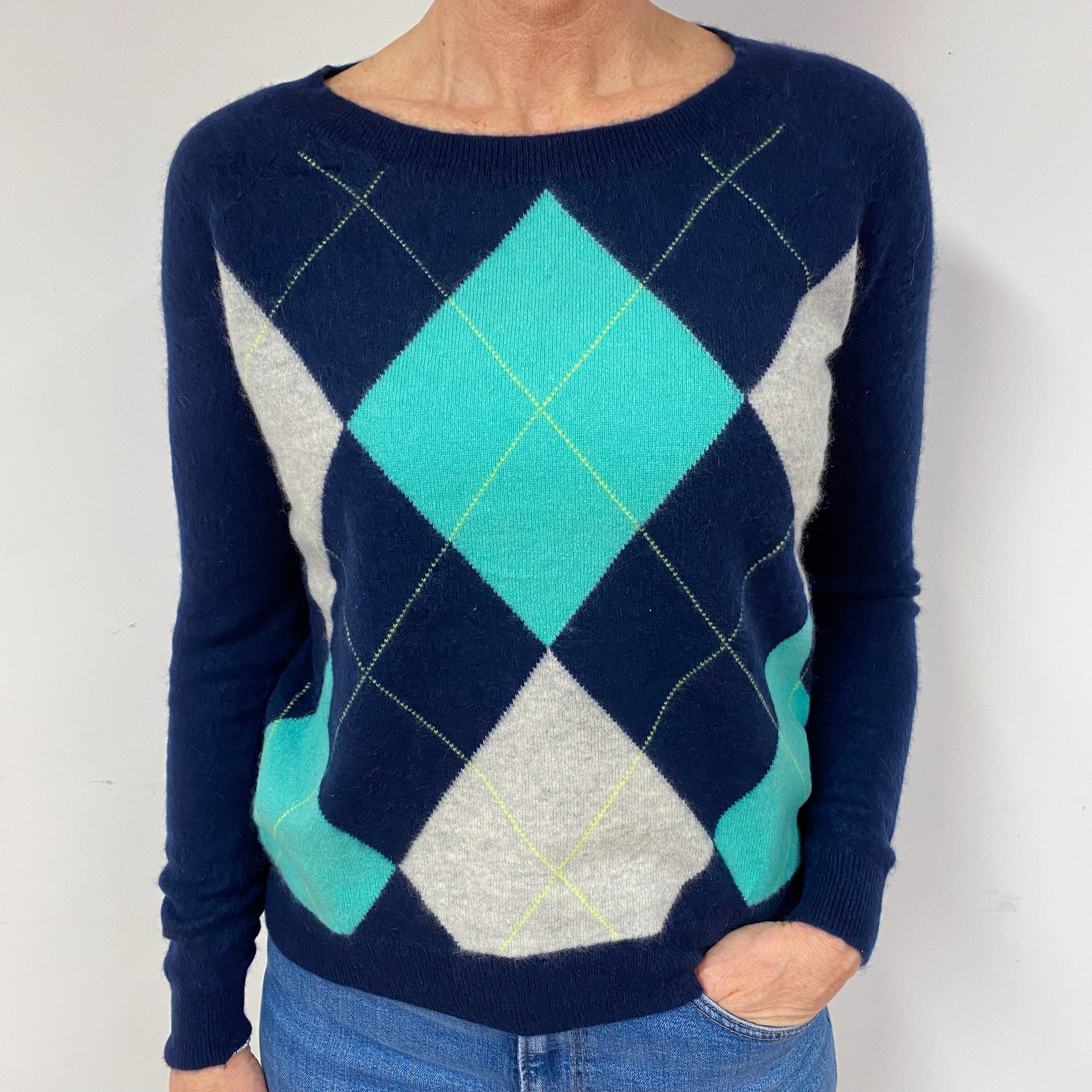 Navy Turquoise Diamond Cashmere Crew Neck Jumper Medium