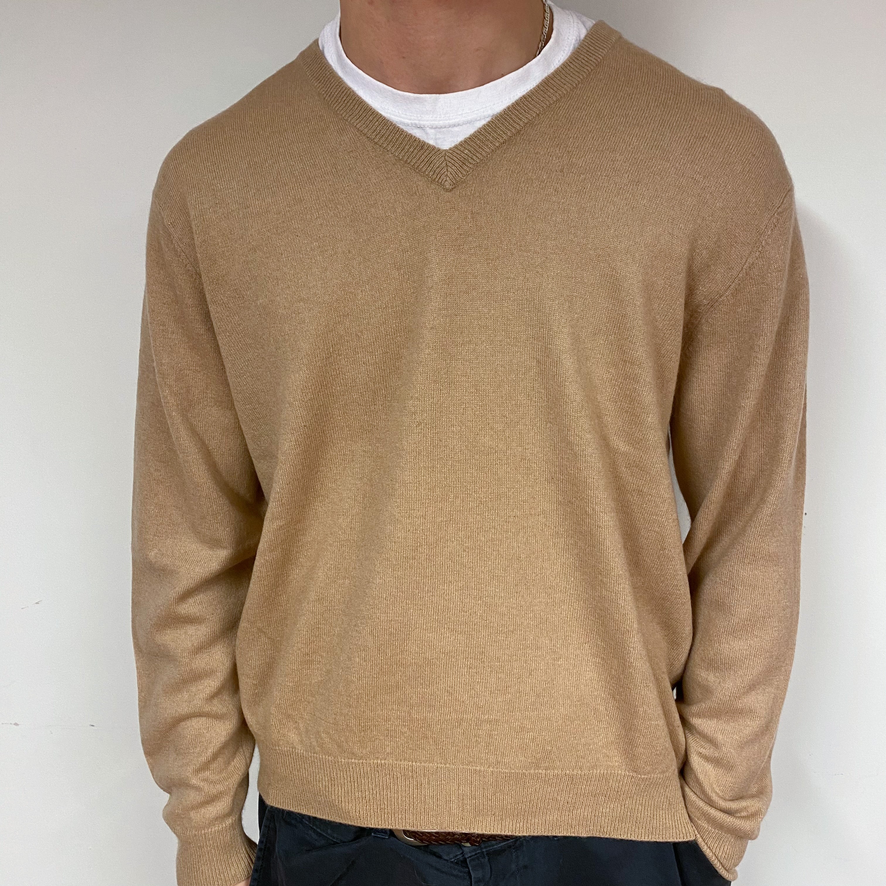 Men's Camel  Cashmere V-Neck Jumper Large