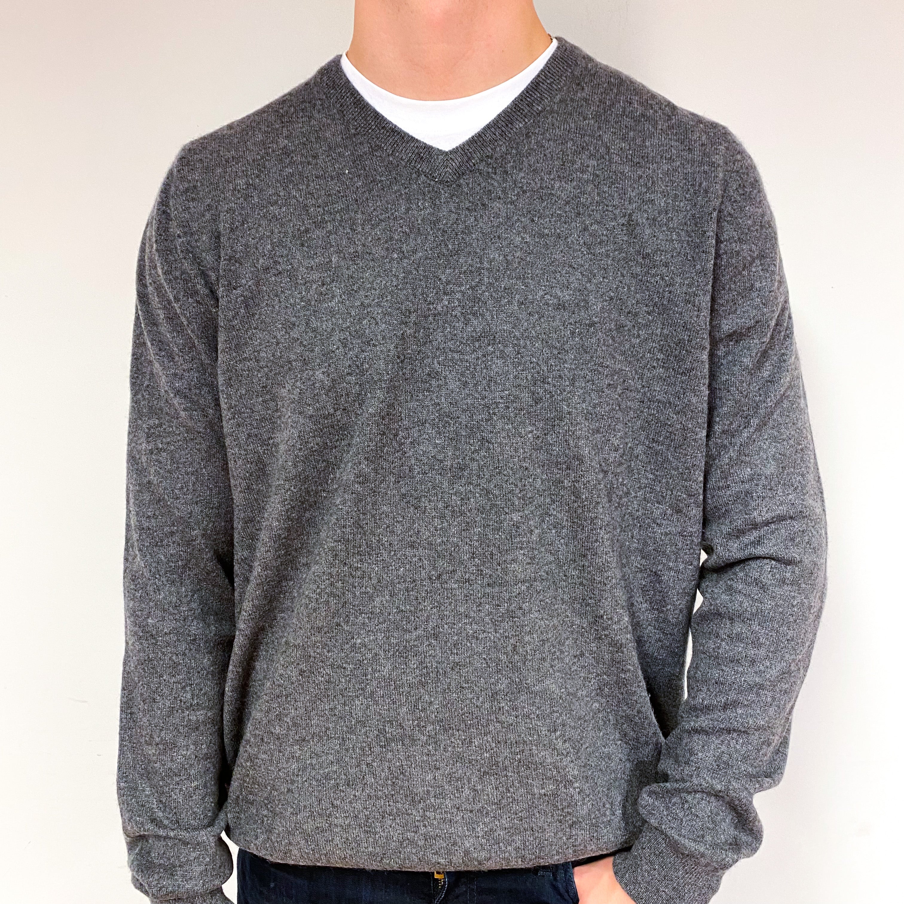 Men's Slate Grey Cashmere V-Neck Jumper Extra Large