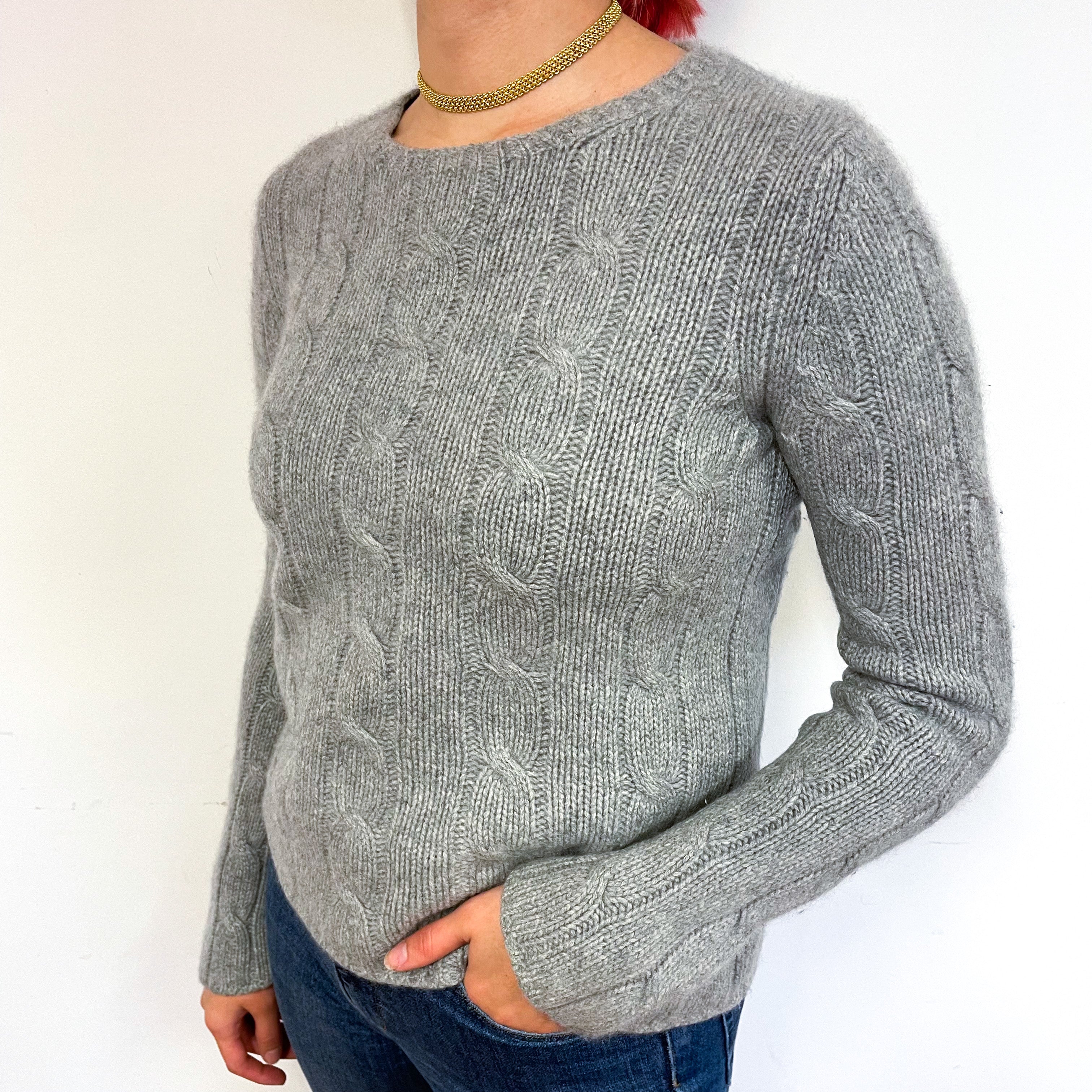 Steel Grey Cable Cashmere Crew Neck Jumper Small