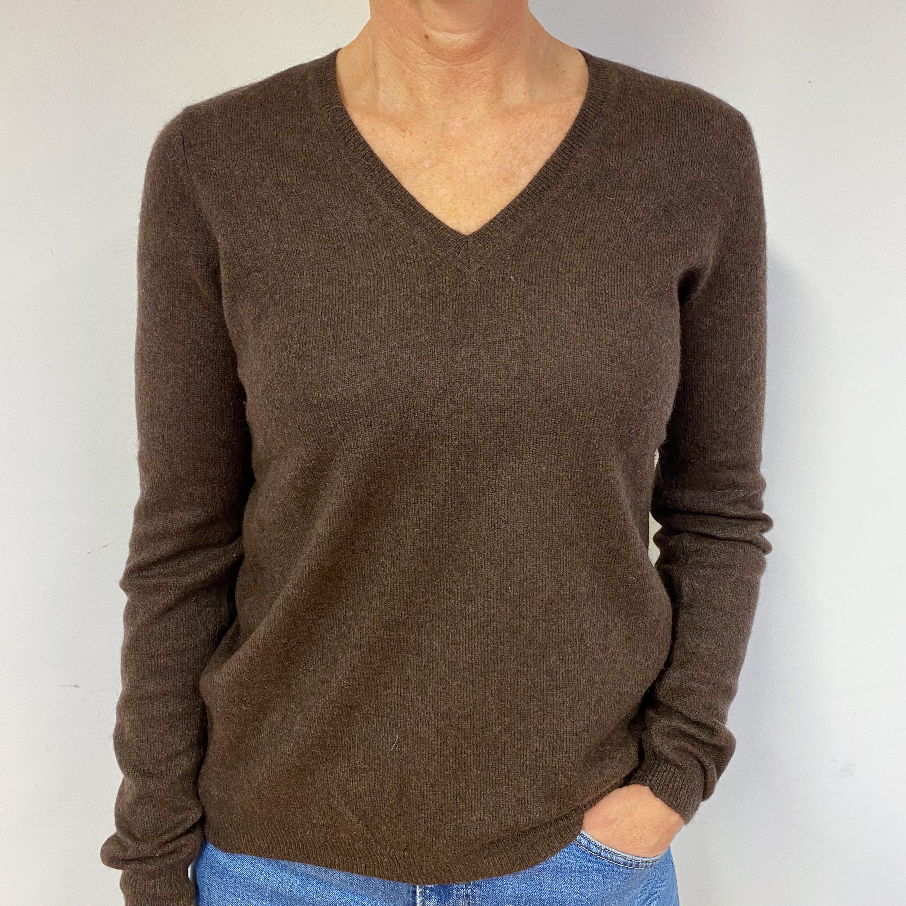 Peppercorn Brown Cashmere V-Neck Jumper Medium