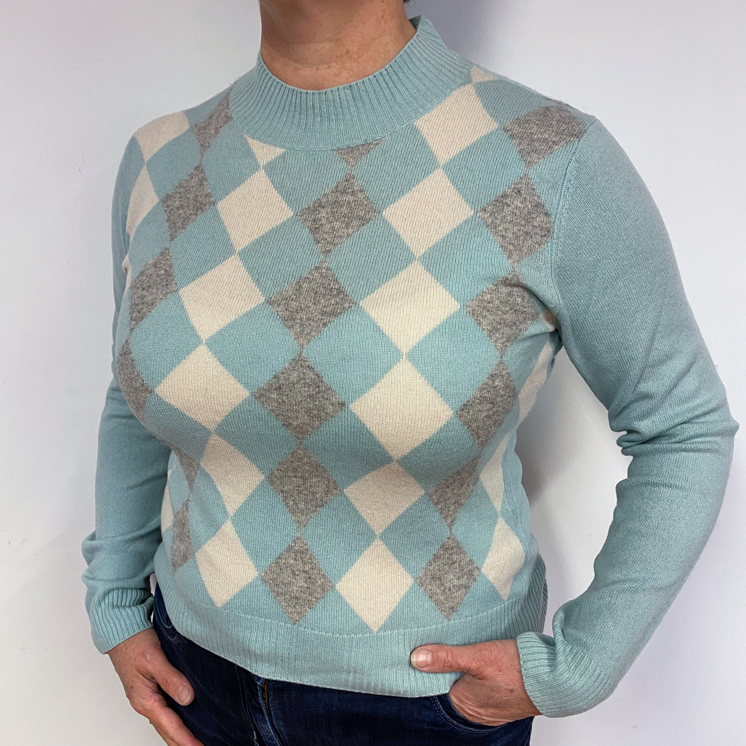 Mint Green Diamond Cashmere Turtle Neck Jumper Large
