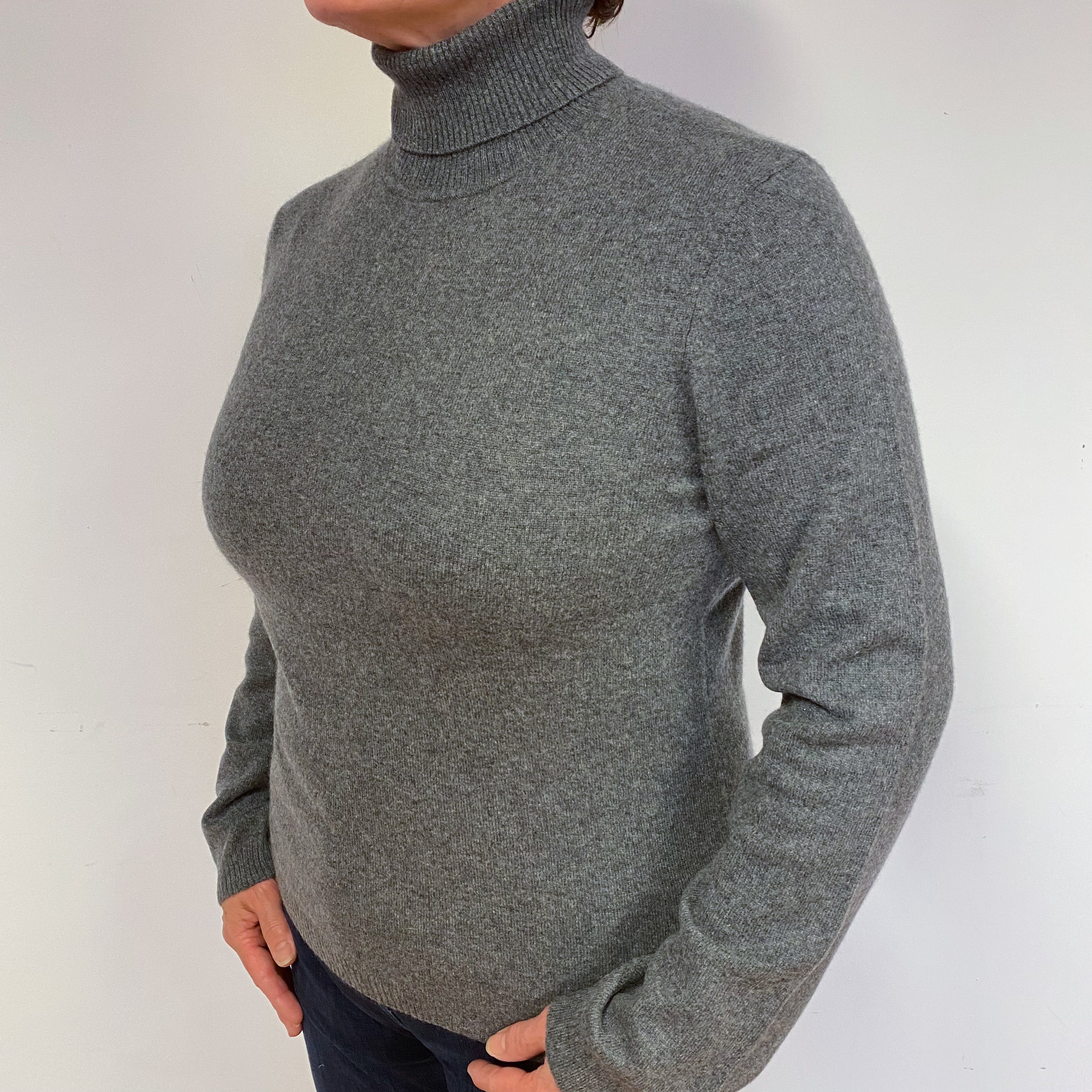 Slate Grey Cashmere Polo Neck Jumper Large