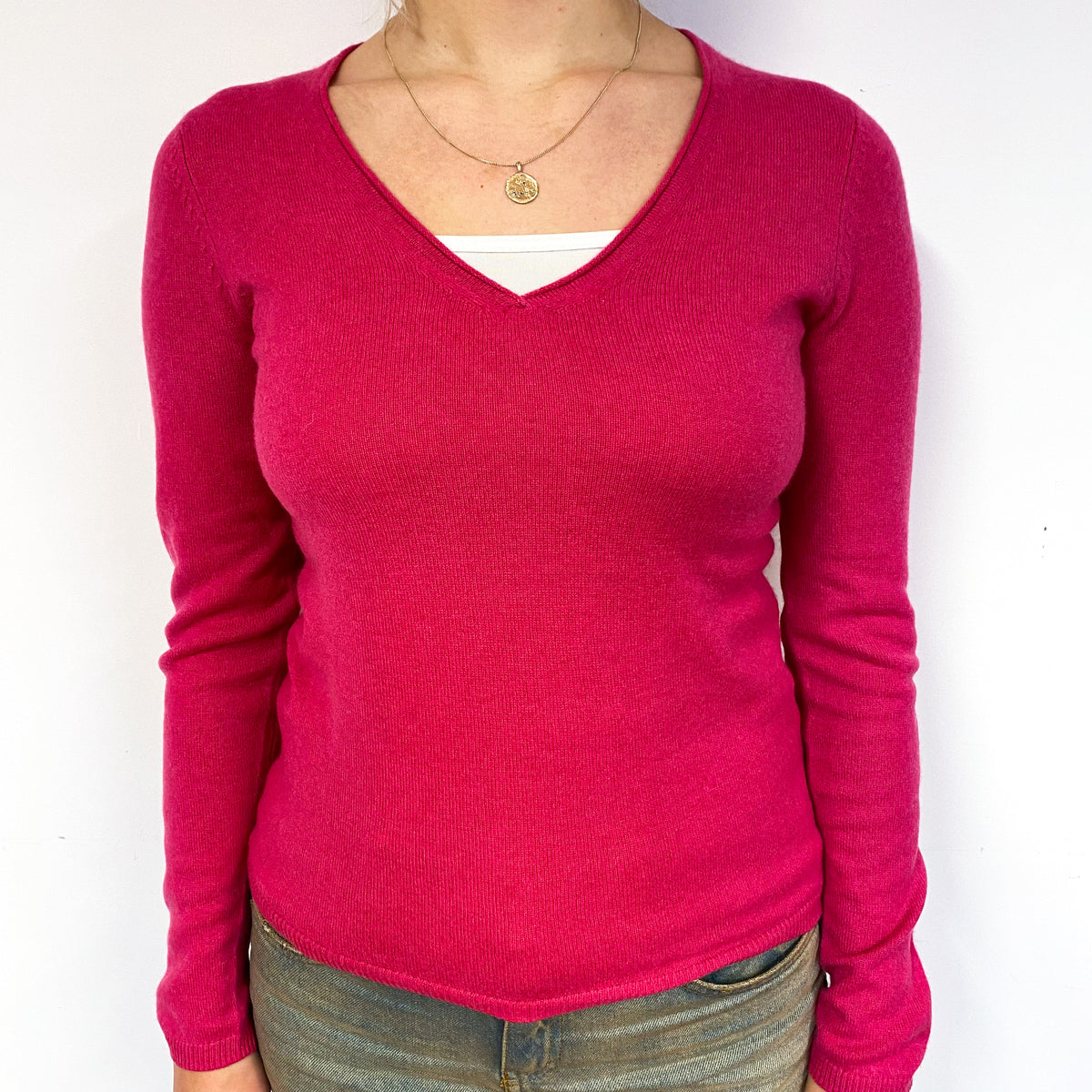 New Raspberry Pink Cashmere V-Neck Jumper Small