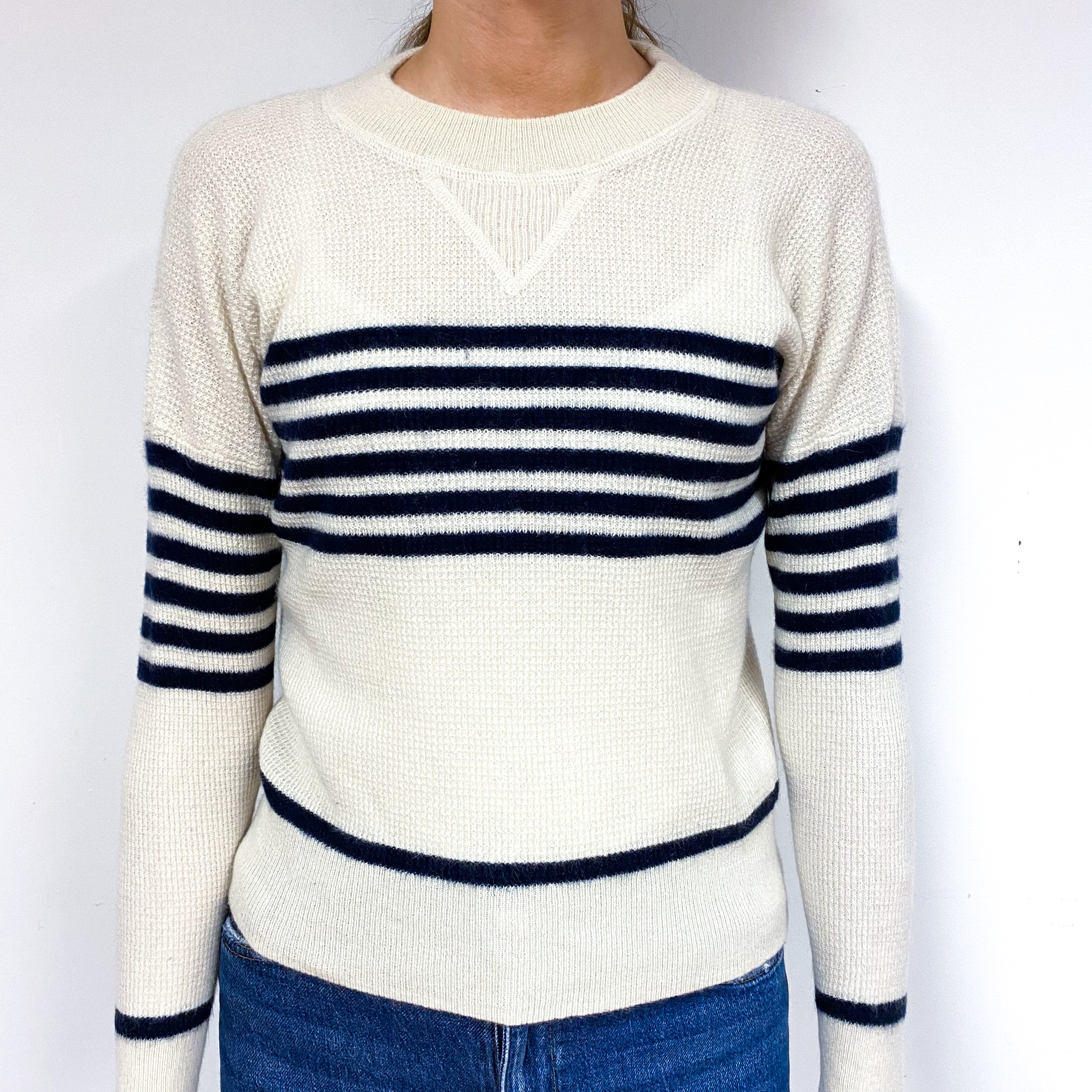 Cream Stripe Cashmere Waffle Crew Neck Jumper Extra Small