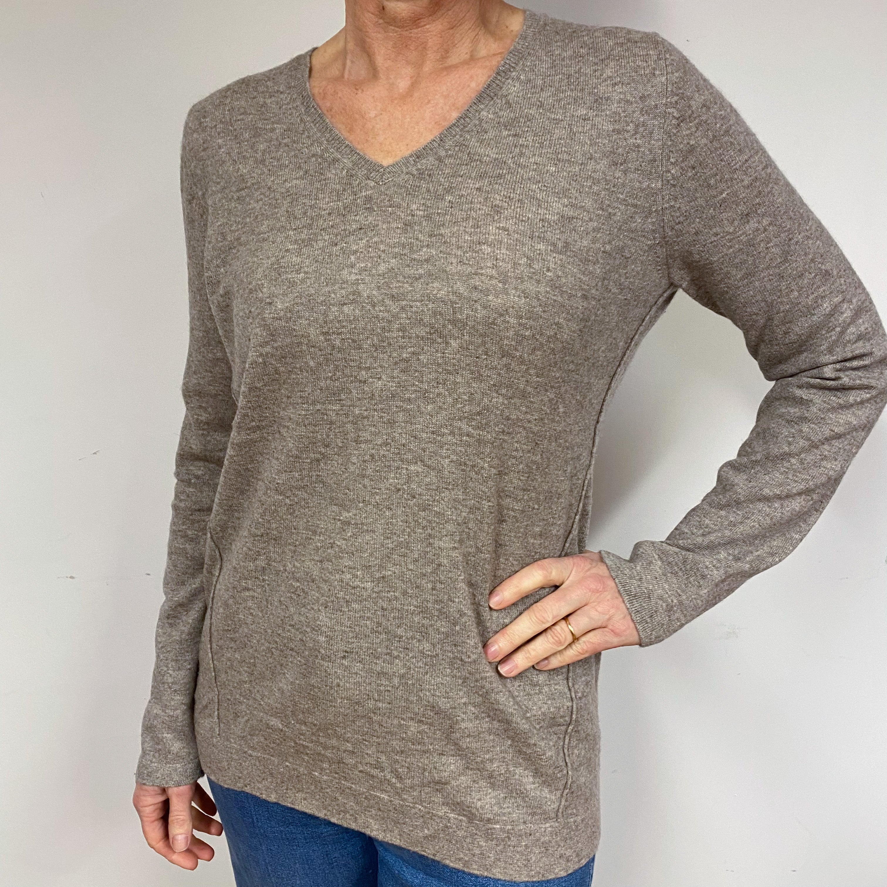 Taupe Brown Cashmere V-Neck Jumper Medium