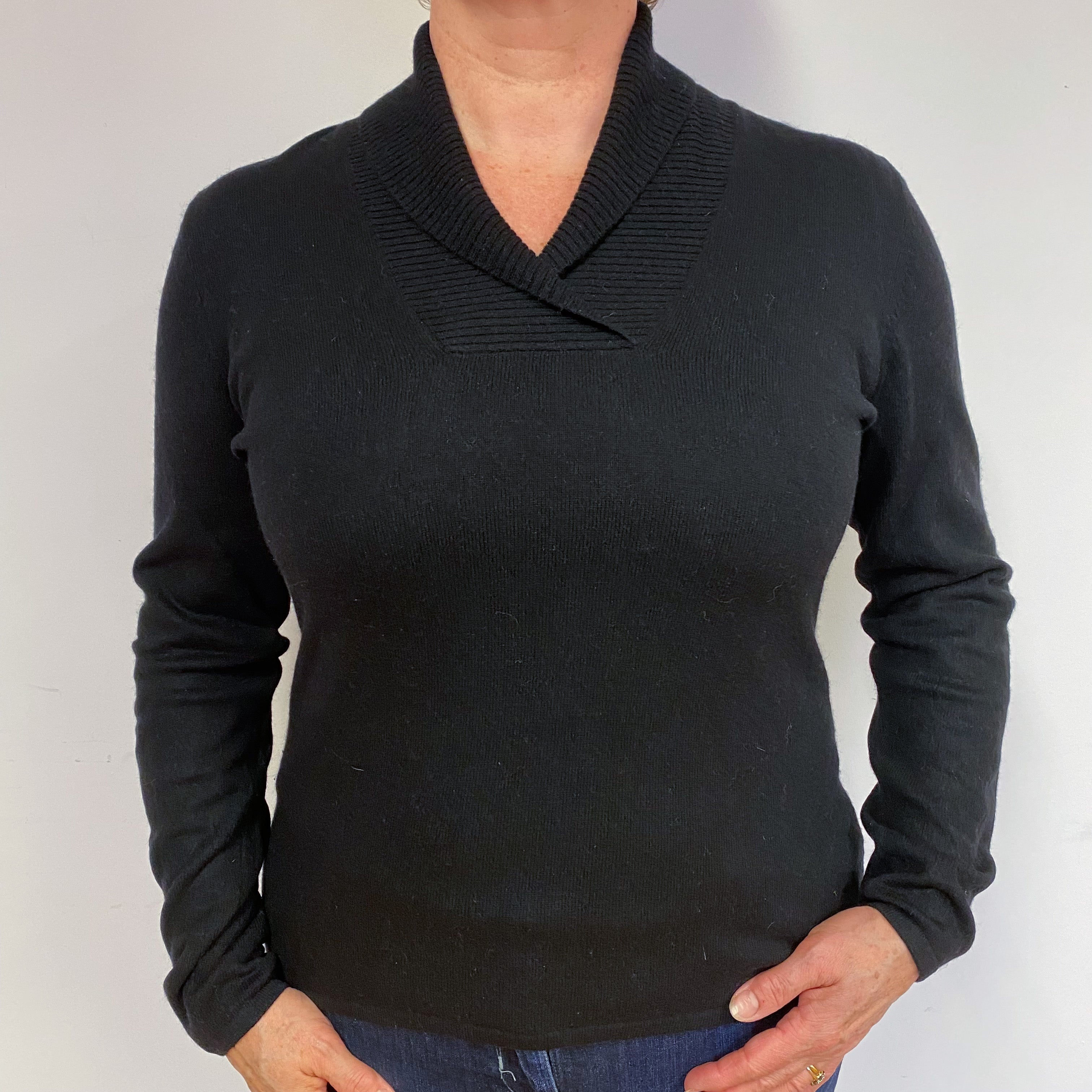 Black Shawl Collar Cashmere V-Neck Jumper Large