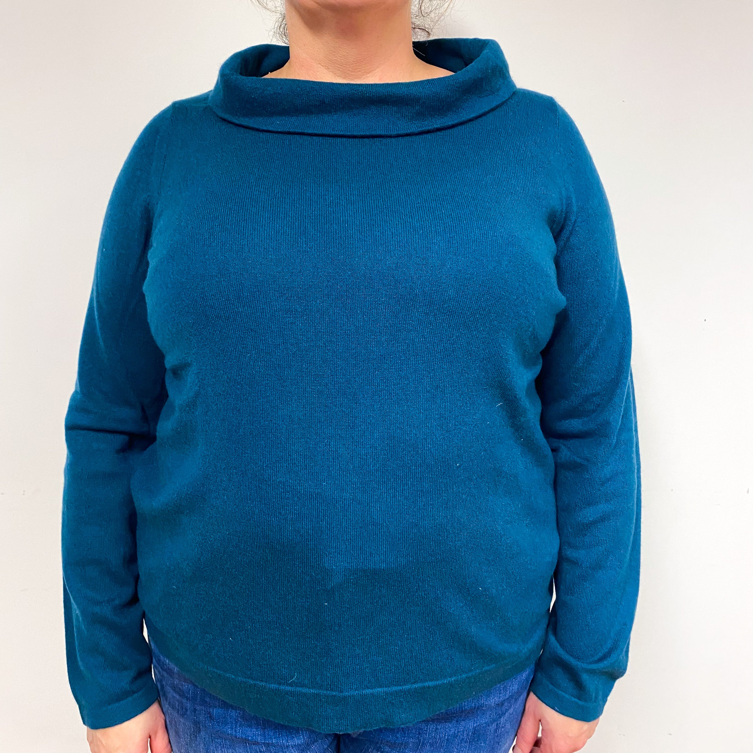 Peacock Blue Cashmere Funnel Neck Jumper Extra Large
