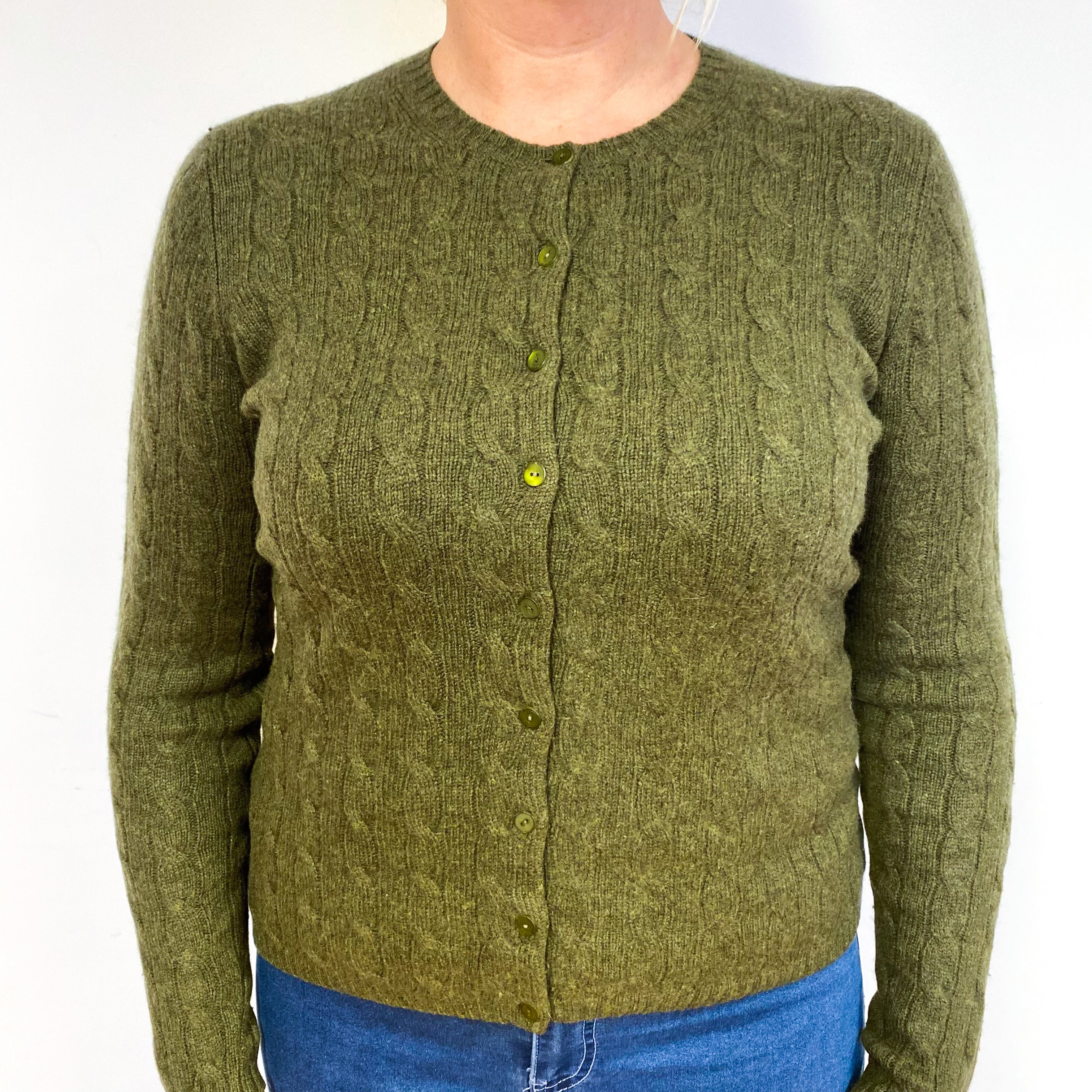 Moss Green Cable Cashmere Crew Neck Cardigan Large