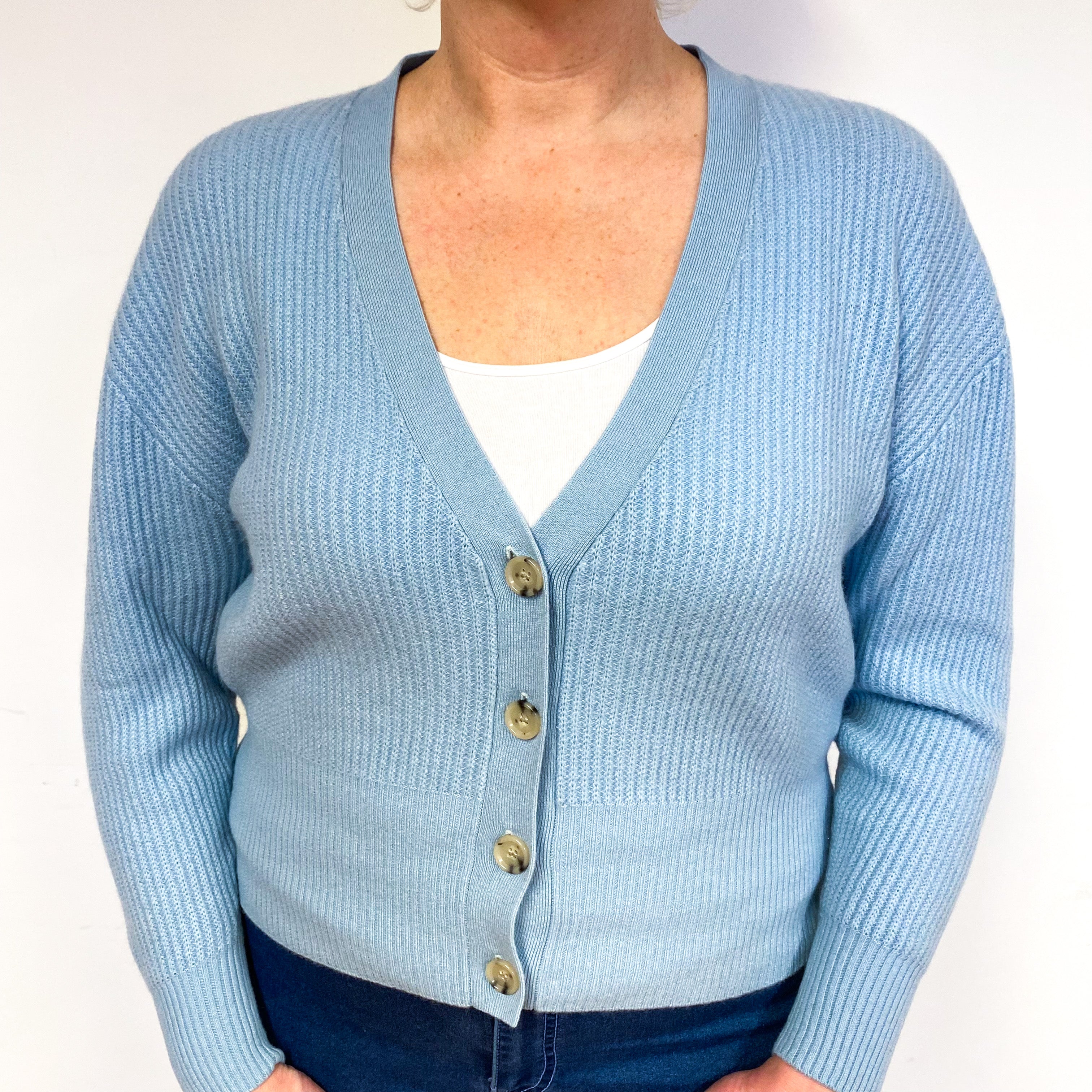 Pale Blue Ribbed Cashmere V-Neck Cardigan Large