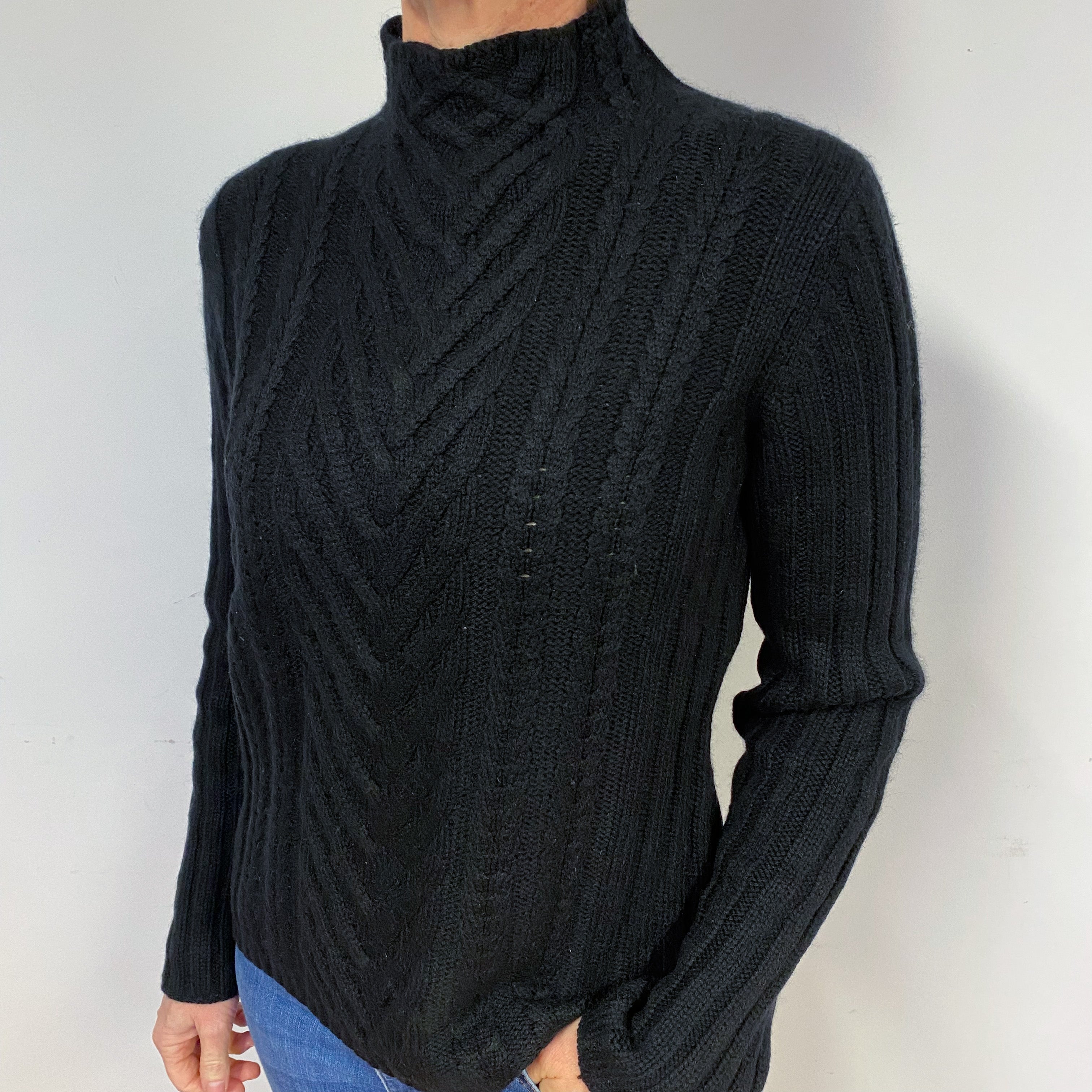 Chunky Black Cable Cashmere Turtle Neck Jumper Medium