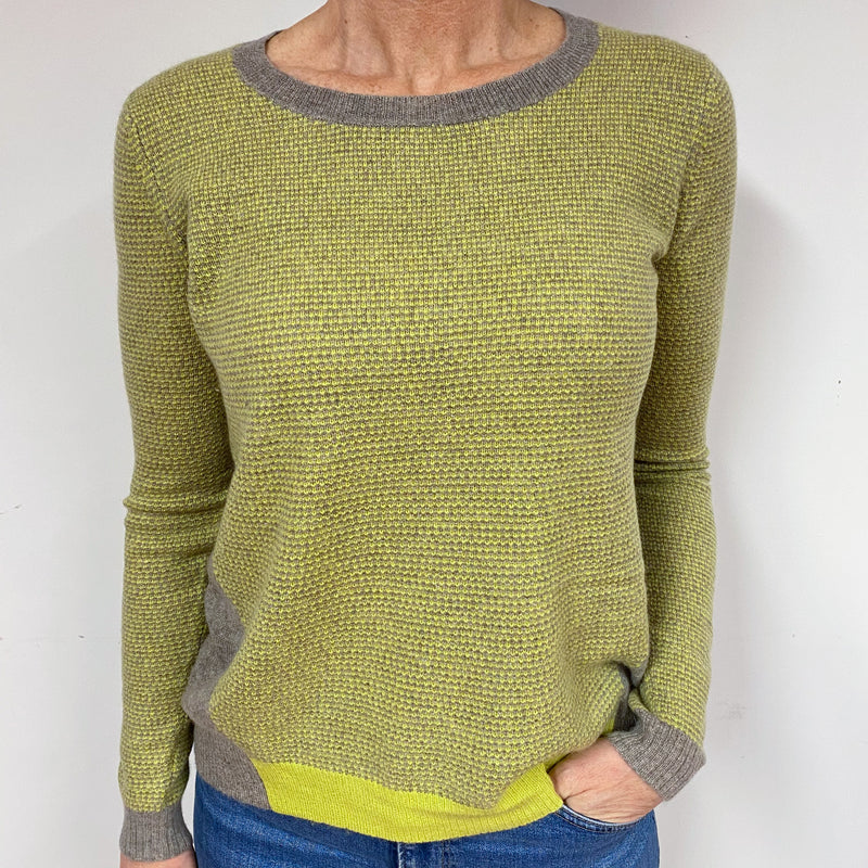 Green and Taupe Waffle Cashmere Crew Neck Jumper Medium