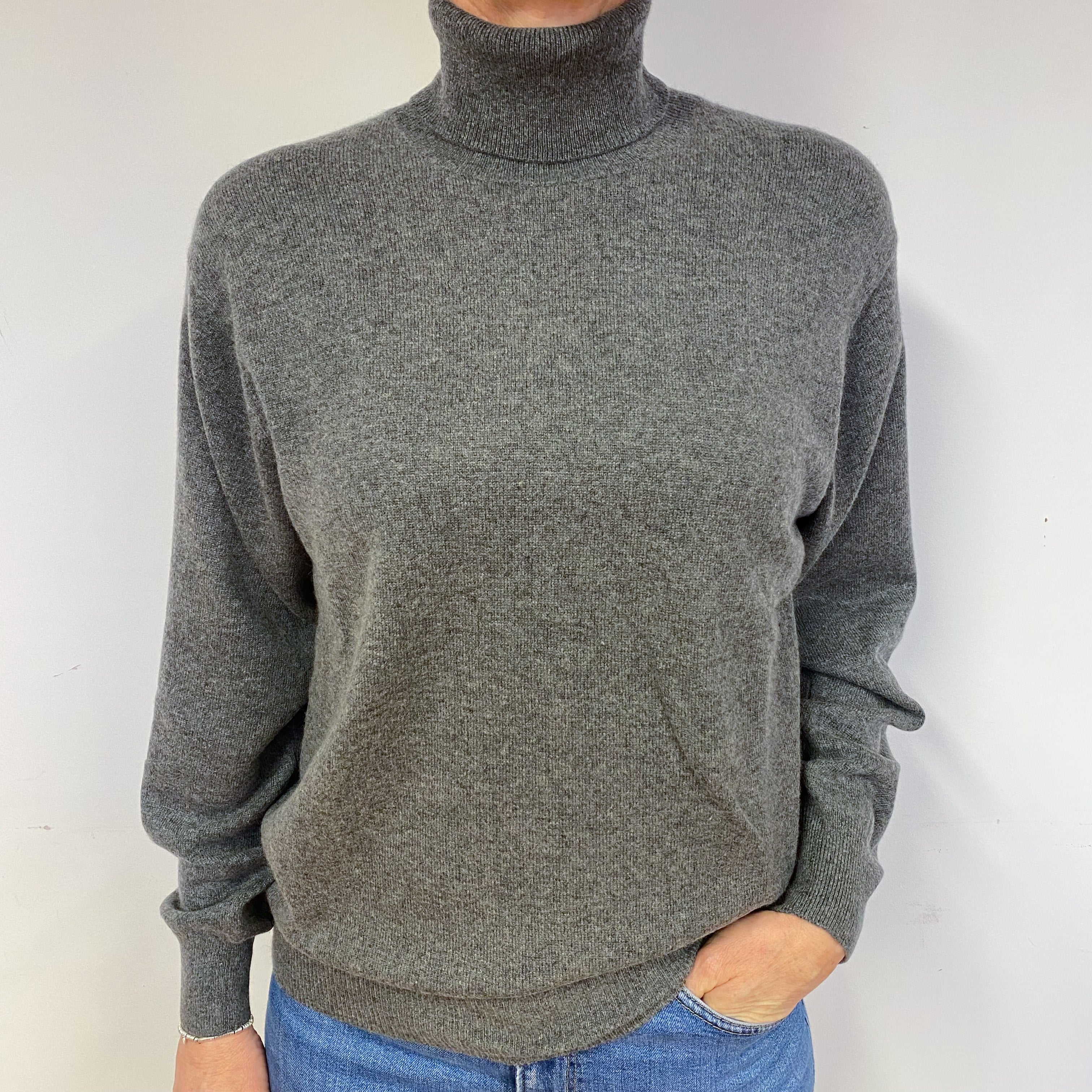 Steel Grey Cashmere Polo Neck Jumper Medium