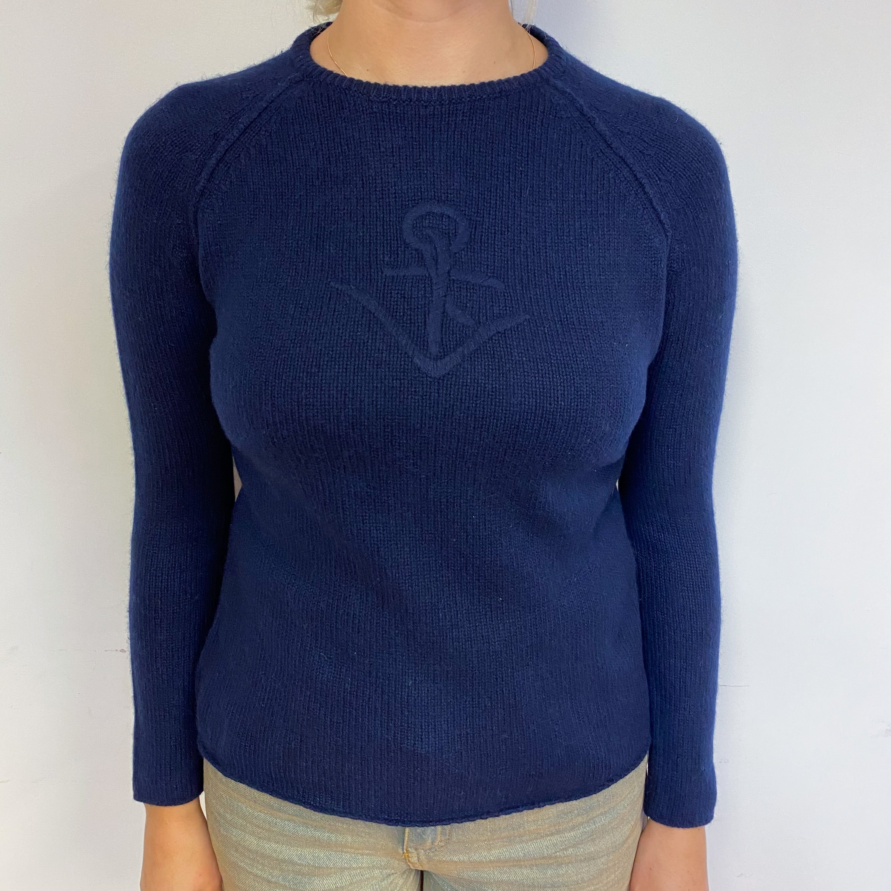 Navy Blue Anchor Cashmere Crew Neck Jumper Small