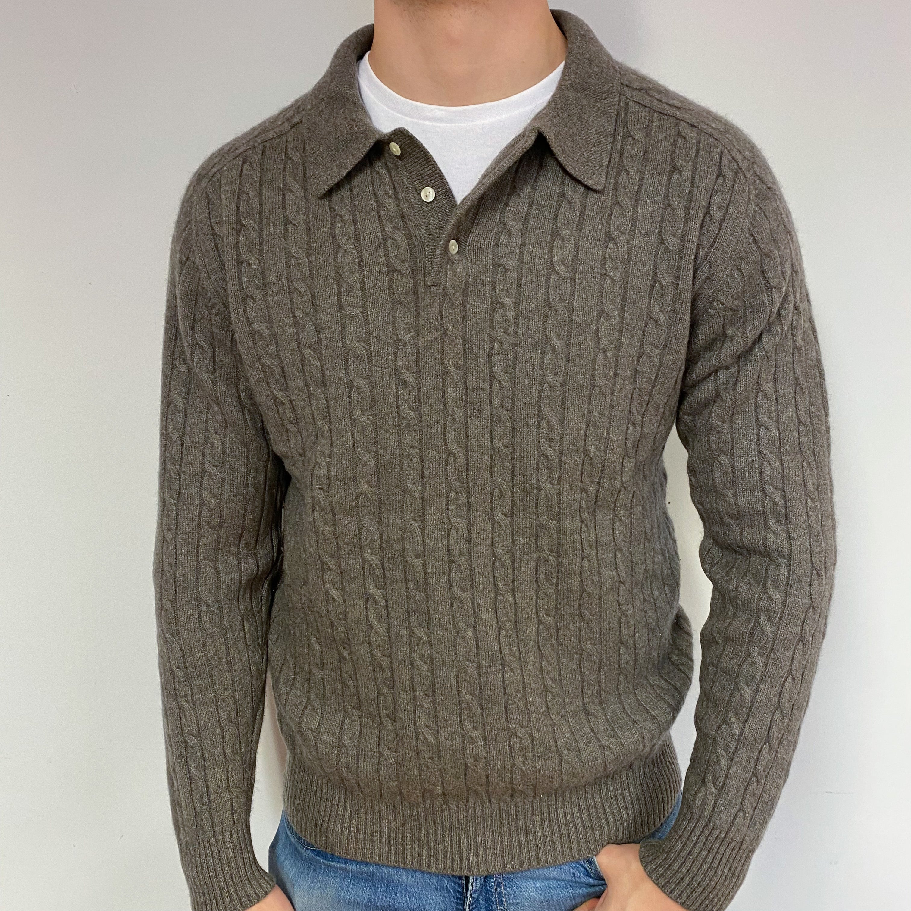 Men's Donkey Brown Chunky Cable Cashmere Collared Neck Jumper XL