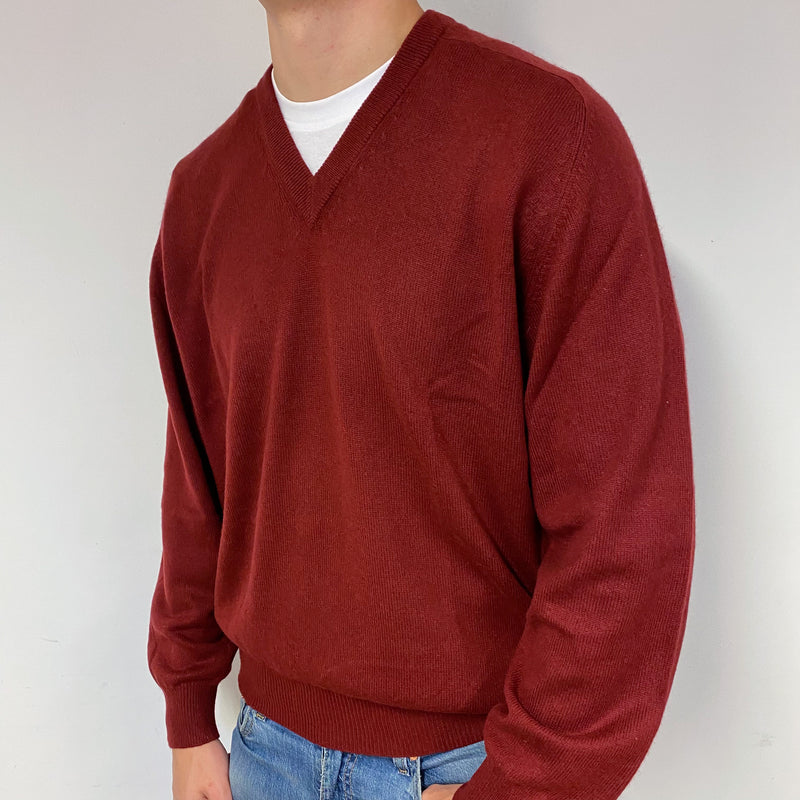 Men's Maroon Red Cashmere V-Neck Jumper Extra Large