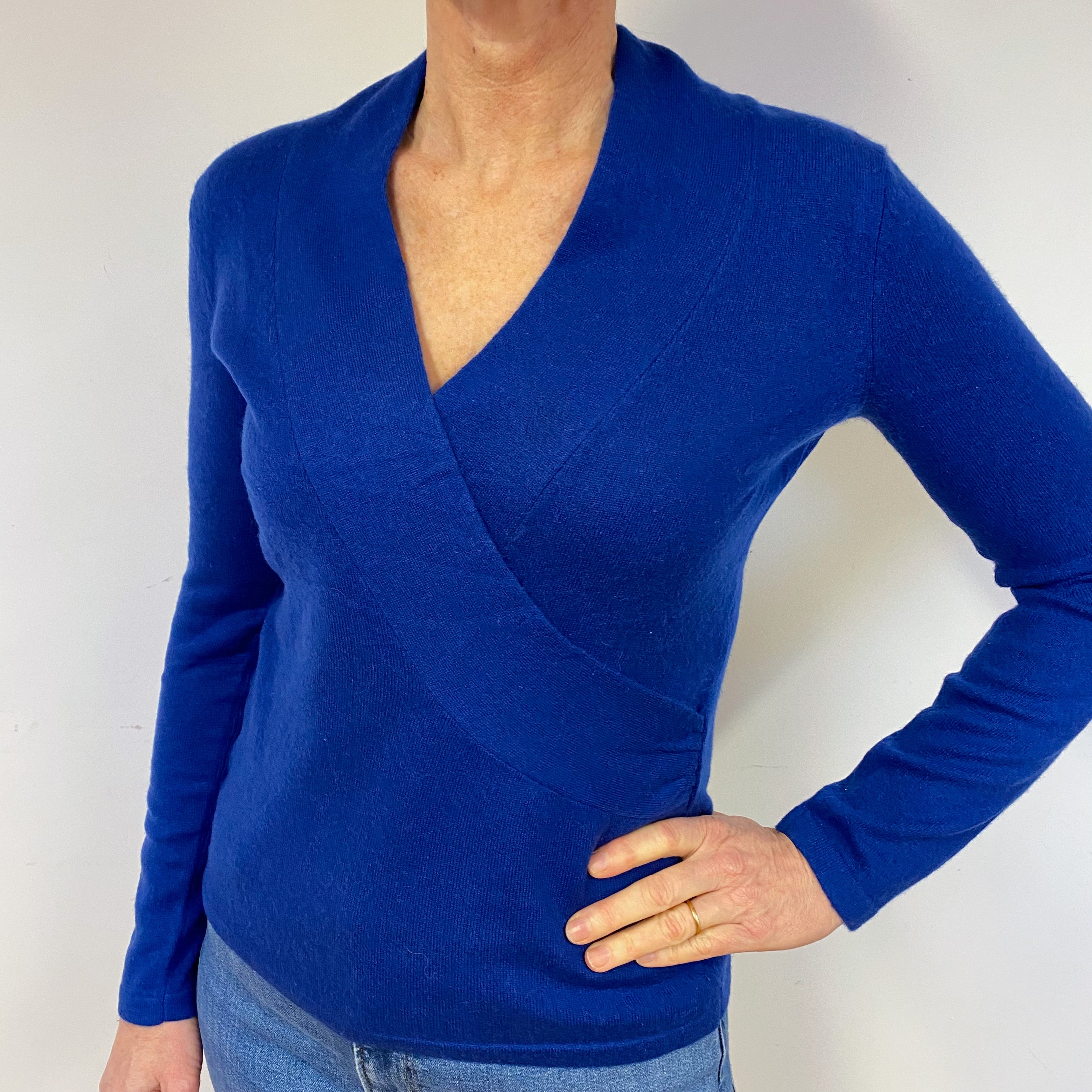 Blue Cross-Over Cashmere V-Neck Jumper Medium