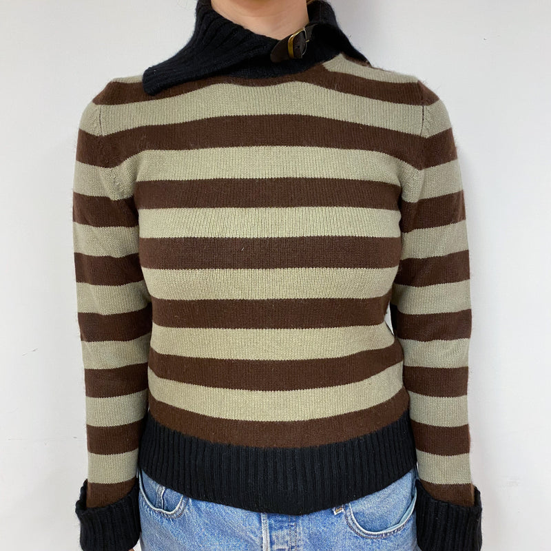 Italian Chunky Brown and Green Striped Cashmere Polo Neck Jumper Small