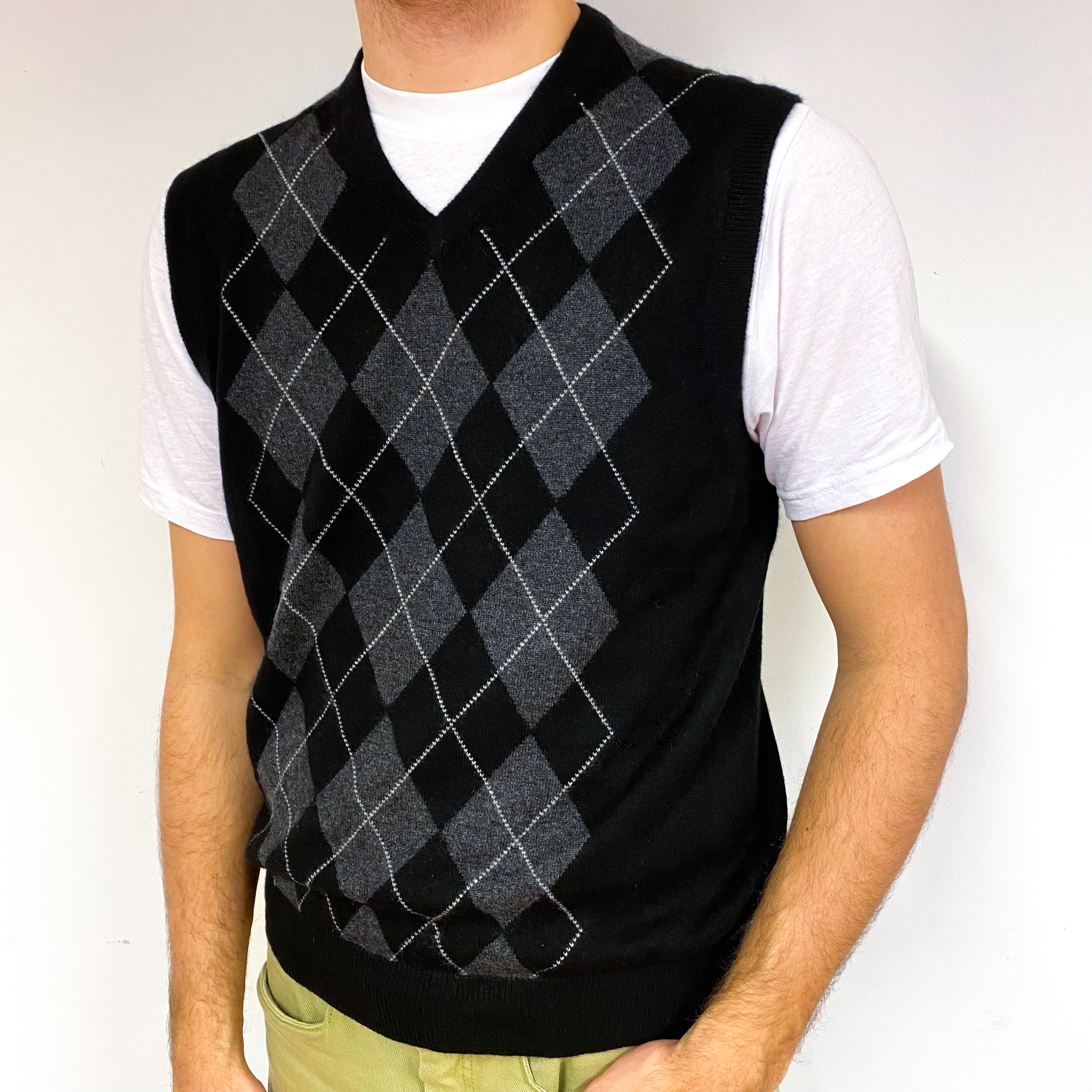 Men's Black Grey Argyle Cashmere Tank Top Medium