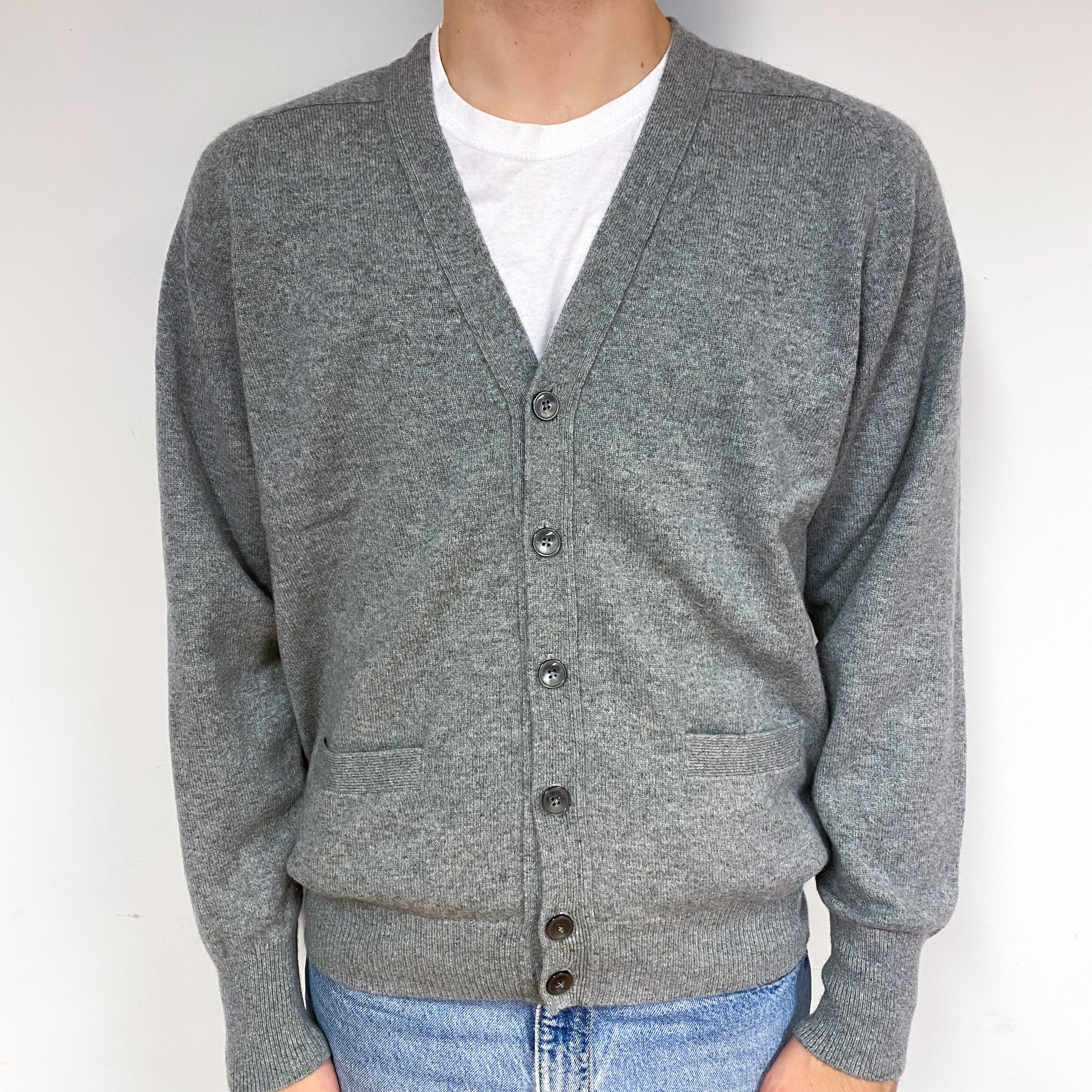 Men's Ash Grey Cashmere V-Neck Cardigan Large