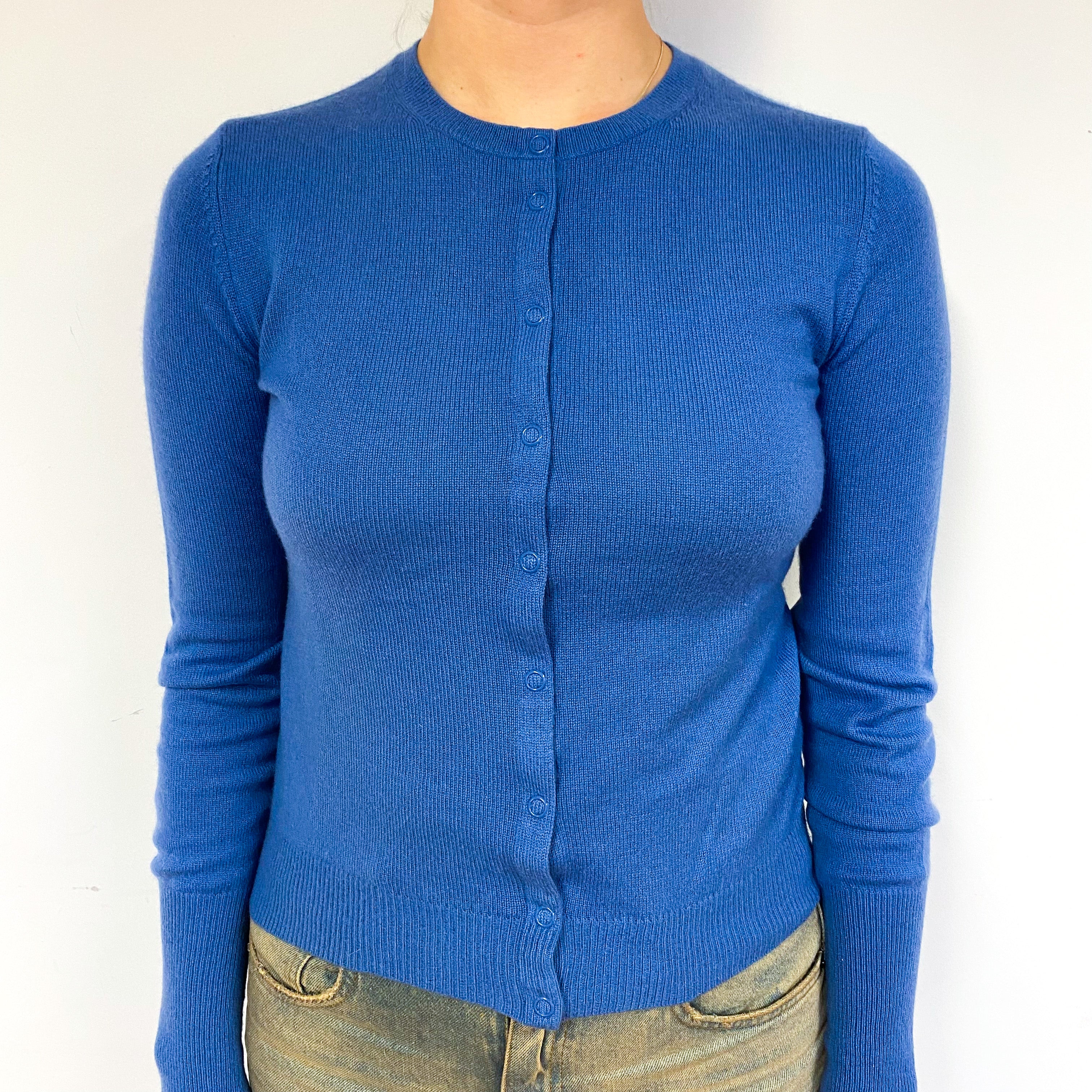 Tanzanite Blue Cashmere Crew Neck Cardigan Small