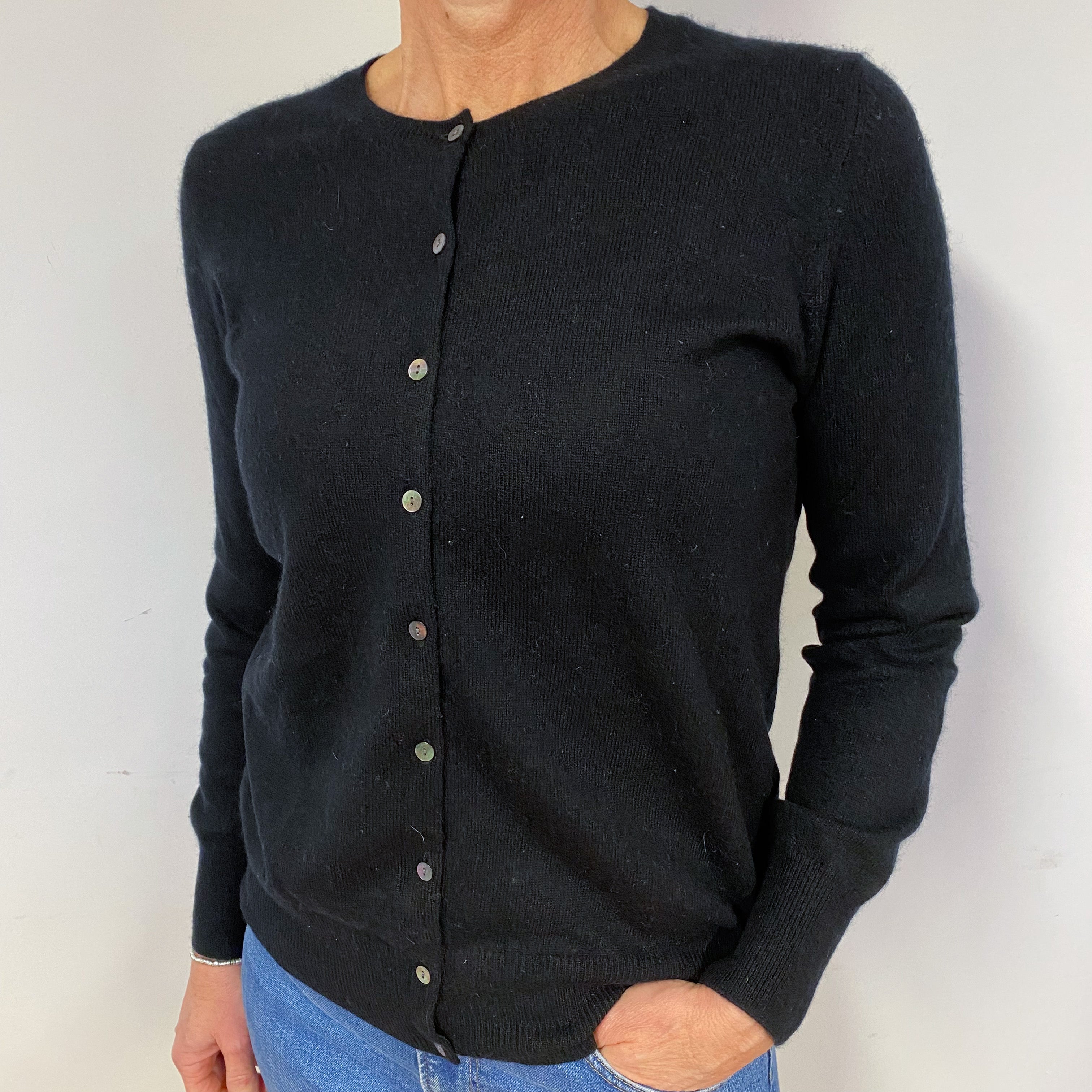 Black Cashmere Crew Neck Cardigan Medium