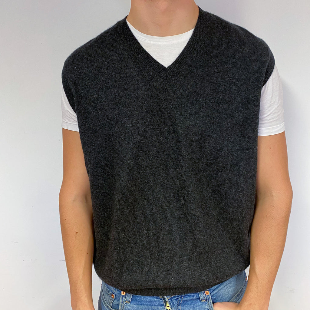 Men's Charcoal Grey Cashmere V-Neck Tank Top Extra Extra Large