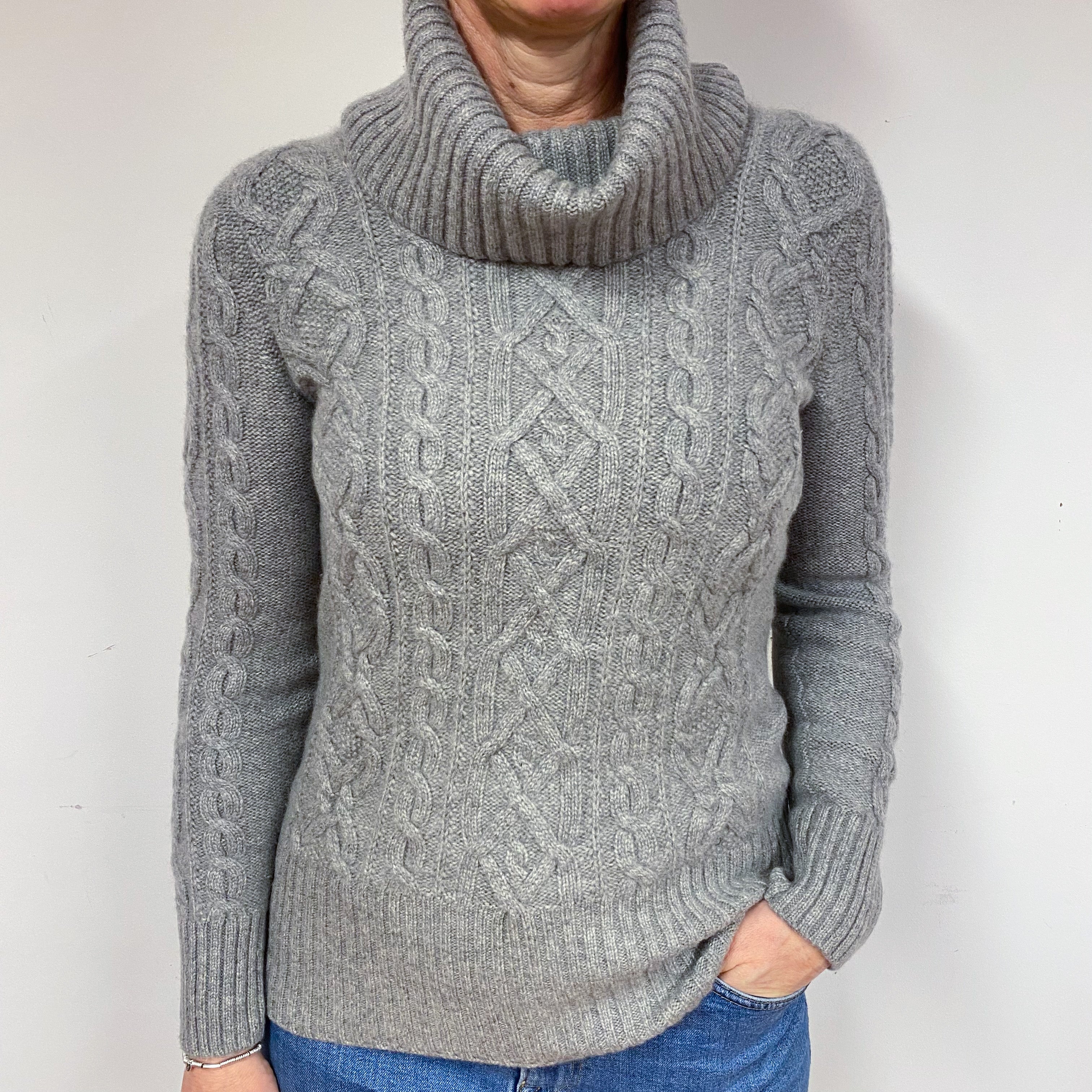 Chunky Grey Cable Cashmere Polo Neck Jumper Medium