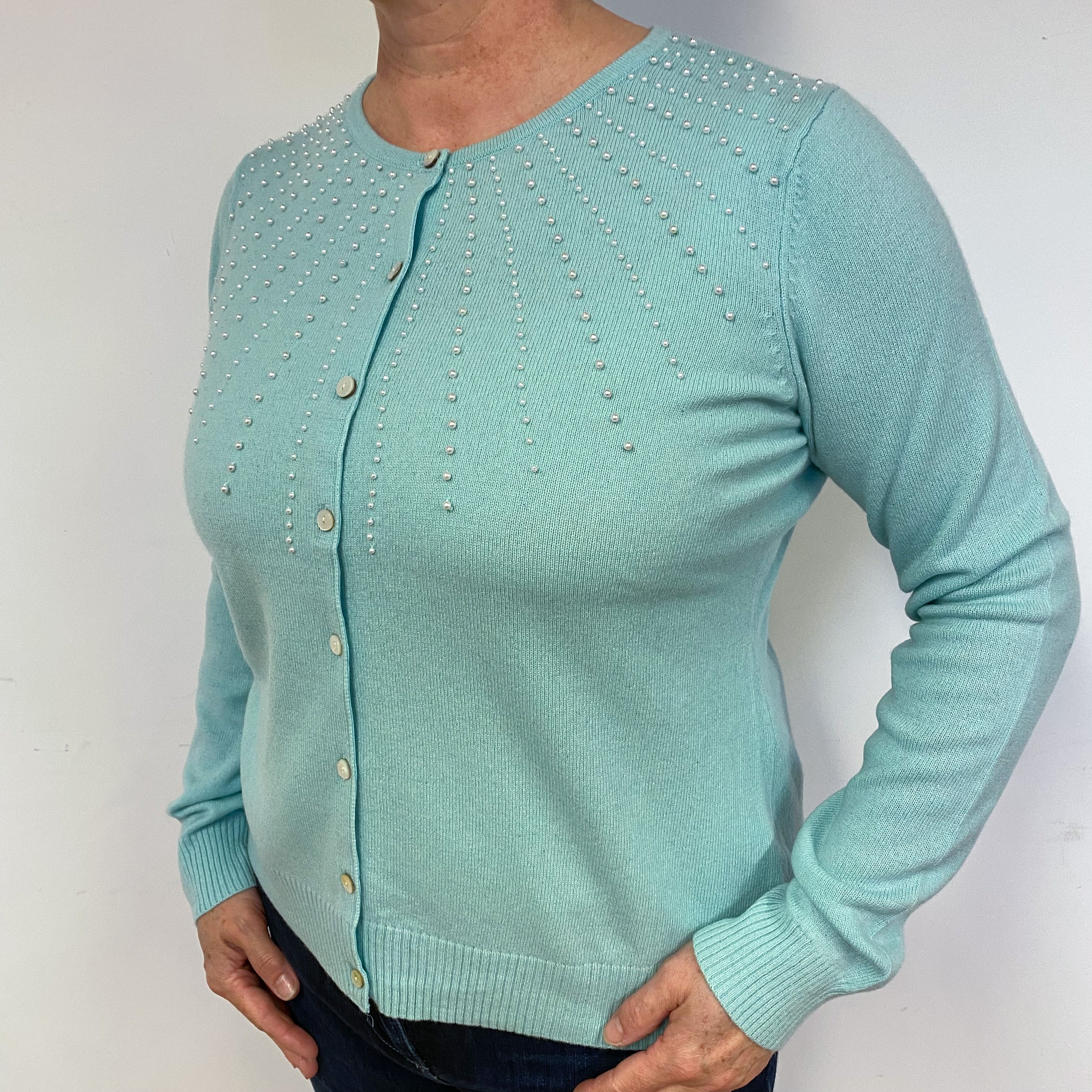 Mint Green Cashmere Crew Neck Cardigan Large.