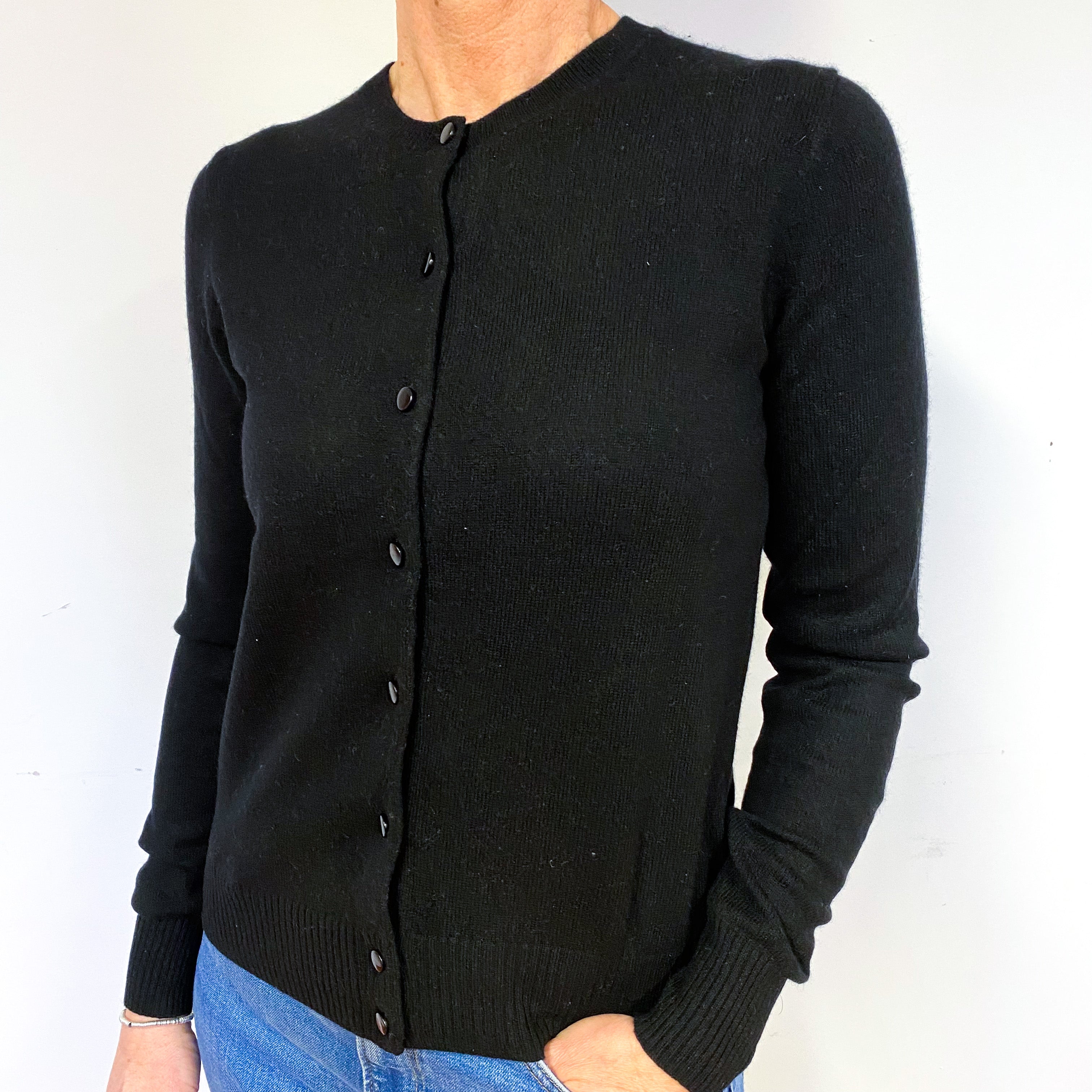 Black Cashmere Crew Neck Cardigan Medium