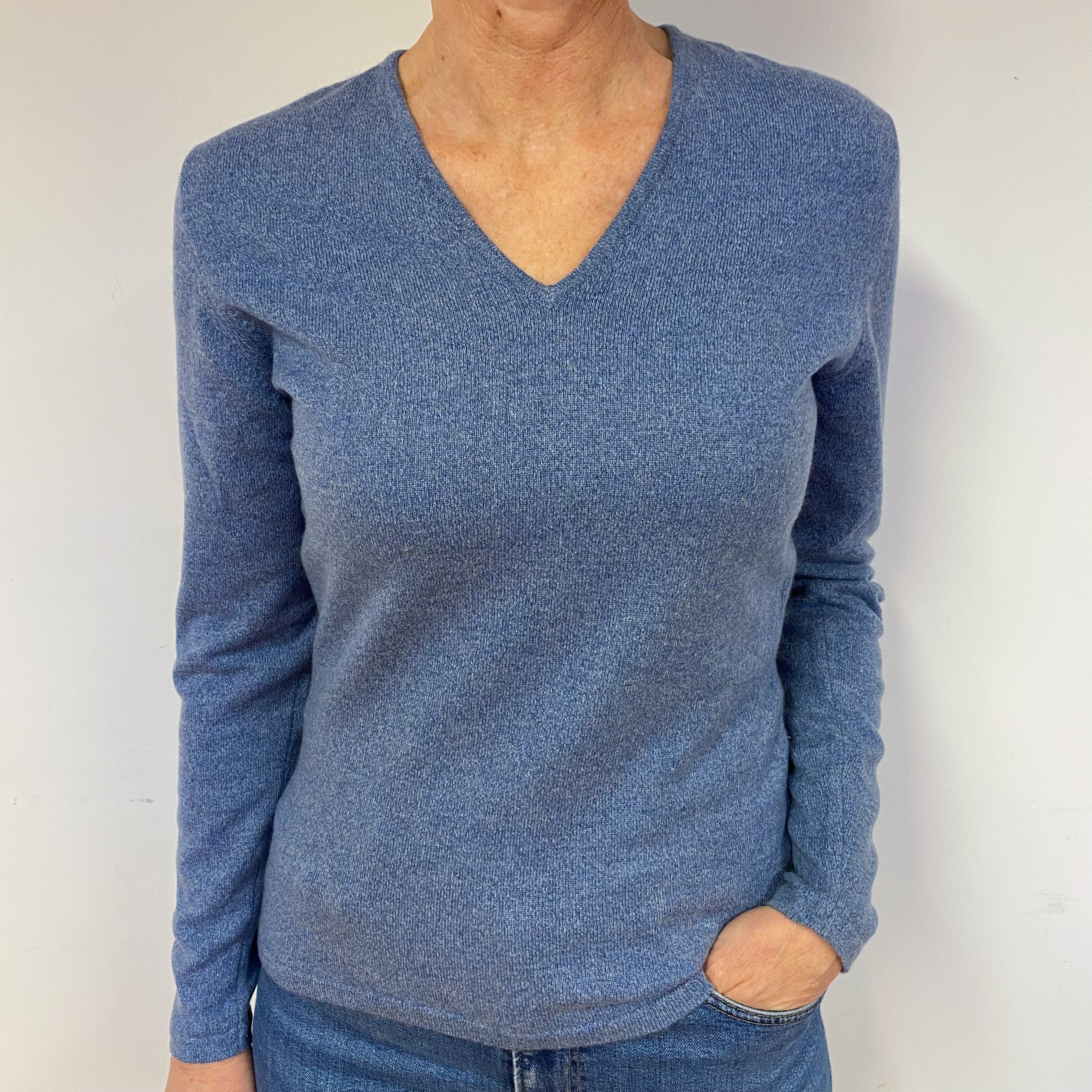 Denim Blue Cashmere V-Neck Jumper Medium