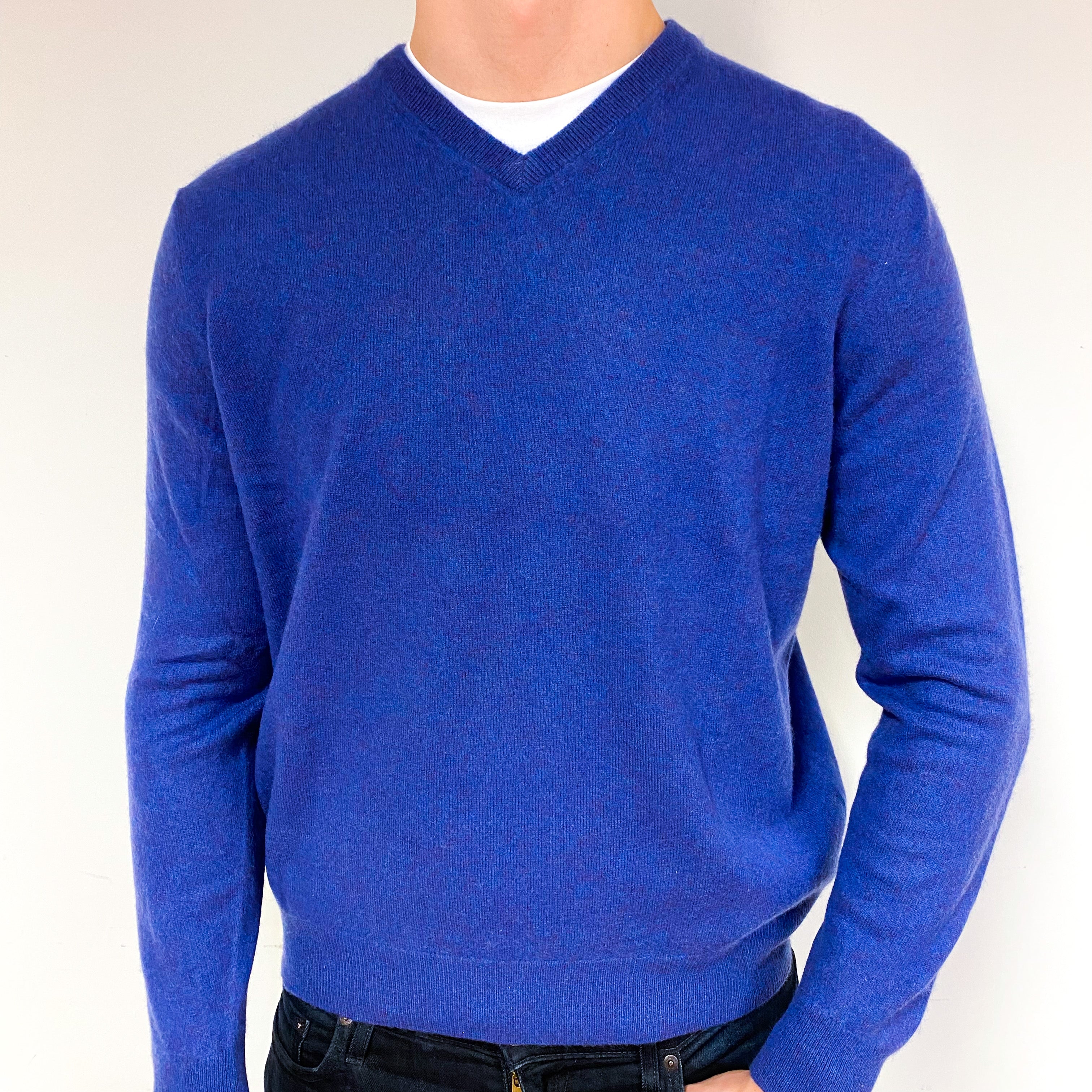 Men's Blue Plum Marl Cashmere V-Neck Jumper Extra Large