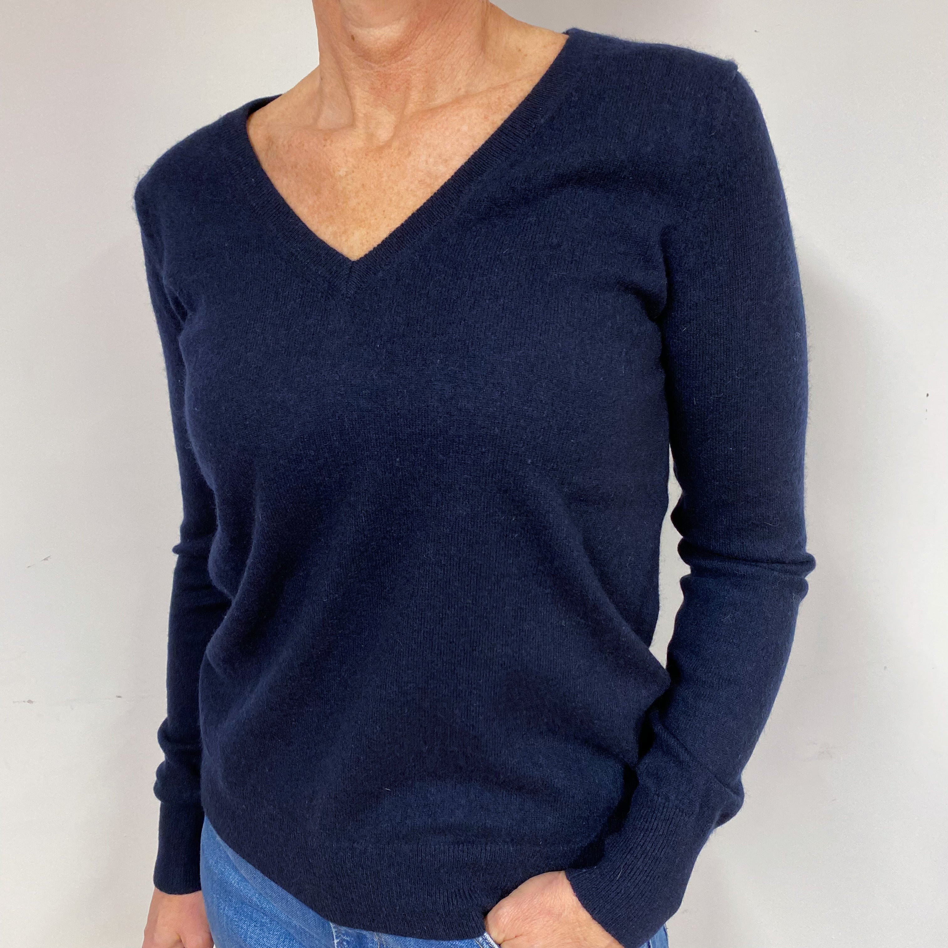 Dark Navy Blue Cashmere V-Neck Jumper Medium