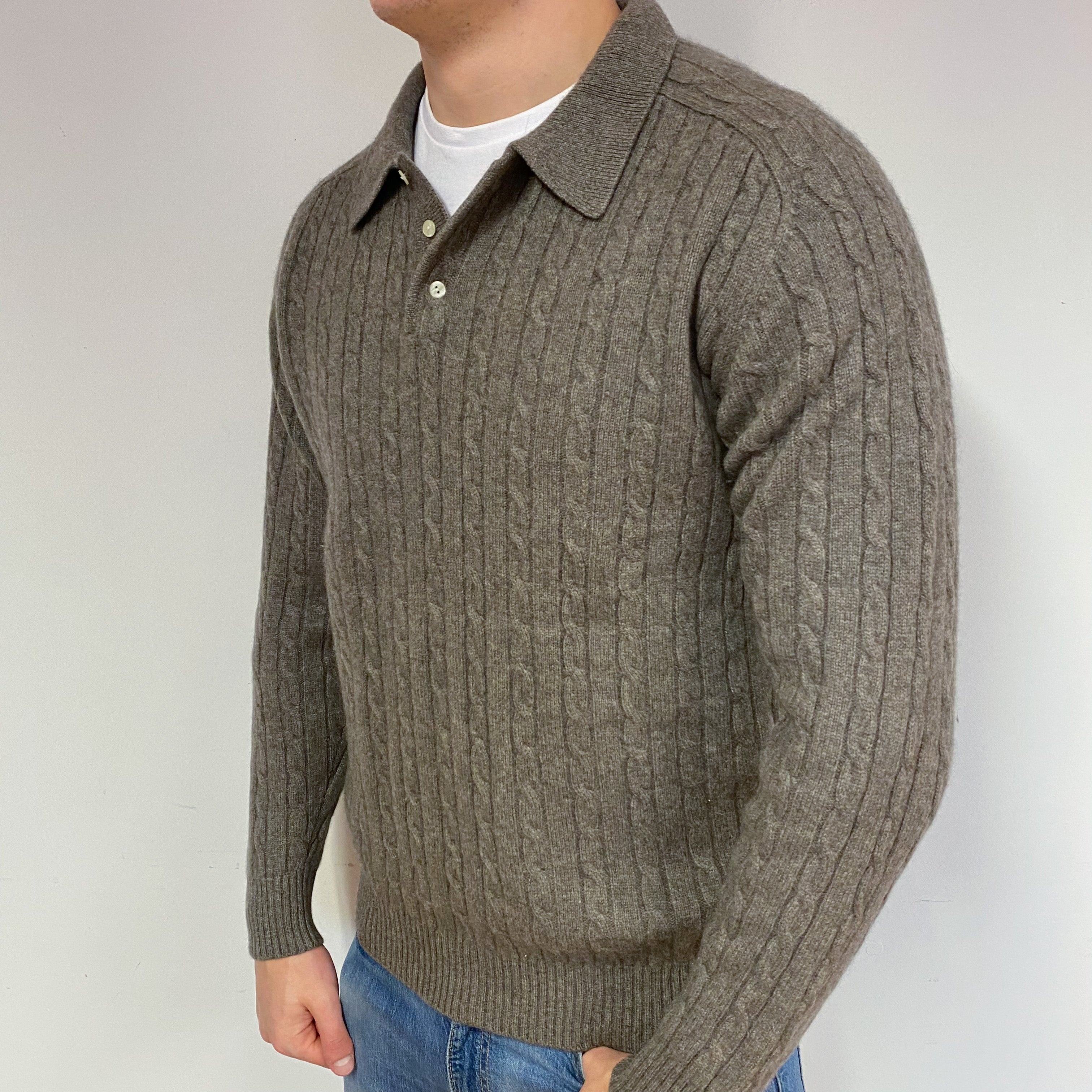 Men's Donkey Brown Chunky Cable Cashmere Collared Neck Jumper XL