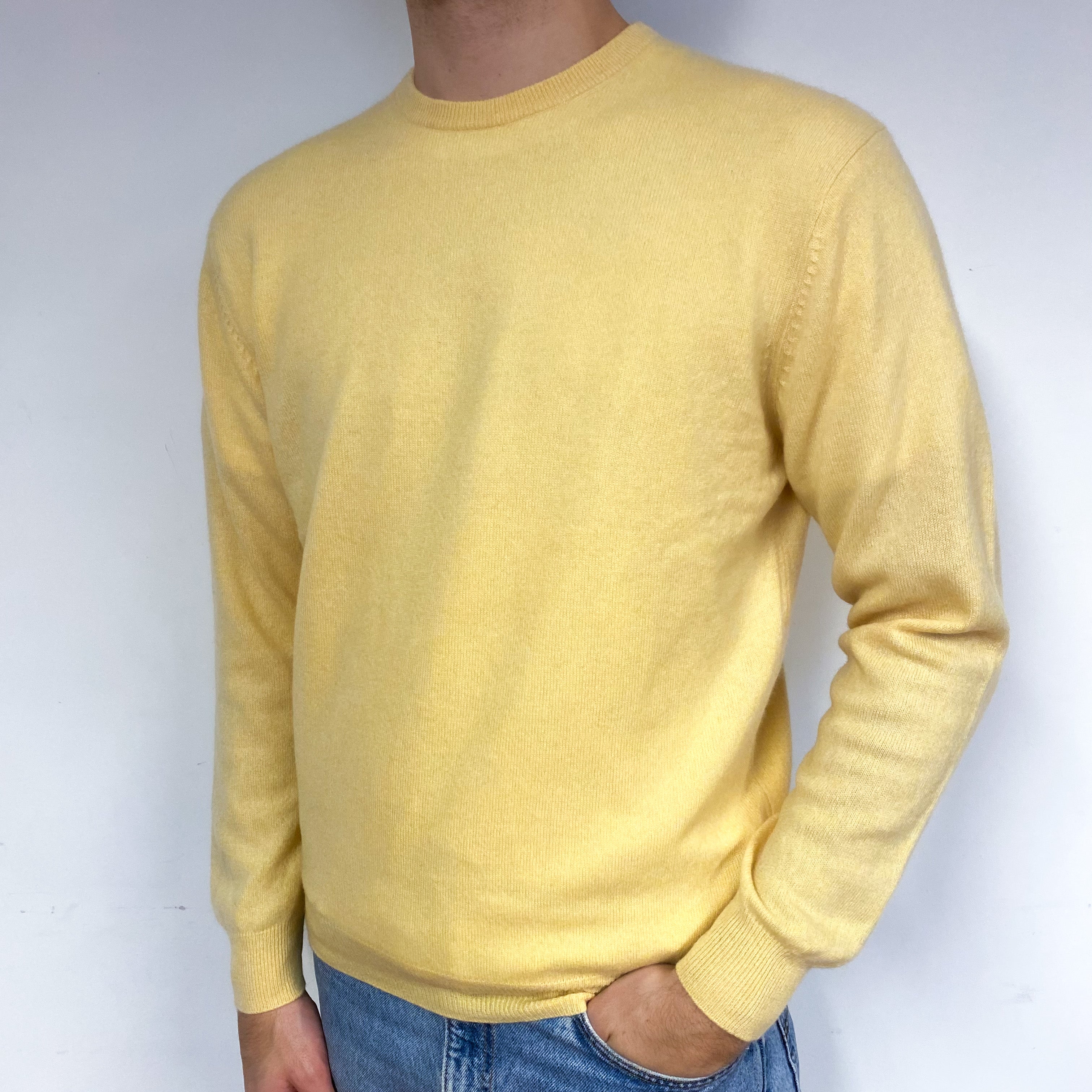 Men's Custard Yellow Cashmere Crew Neck Jumper Medium